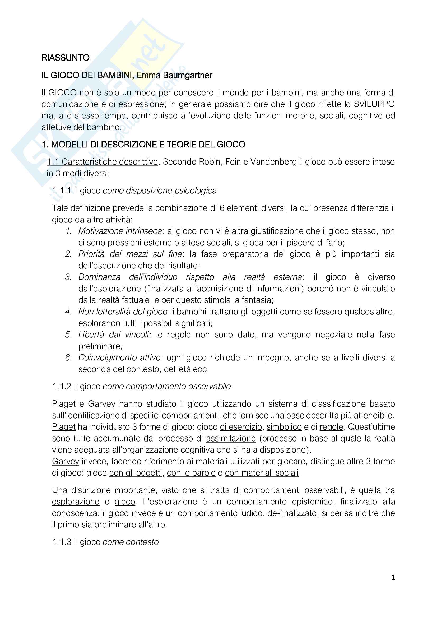 Riassunto Esame Metodologia e Tecnica del Gioco e dell'Animazione, Prof Frison, libro consigliato Il gioco dei bambini, Emma Baumgartner Pag. 1