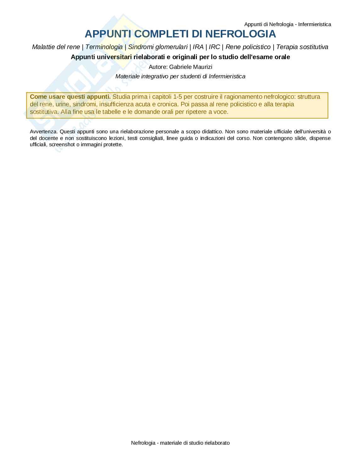 Nefrologia: appunti completi per Infermieristica con domande d’esame Pag. 1