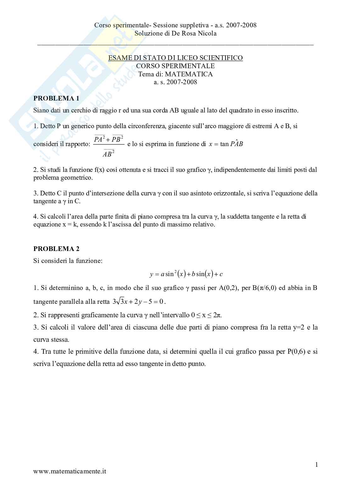 2008 - Liceo scientifico sperimentale, prova suppletiva Pag. 1