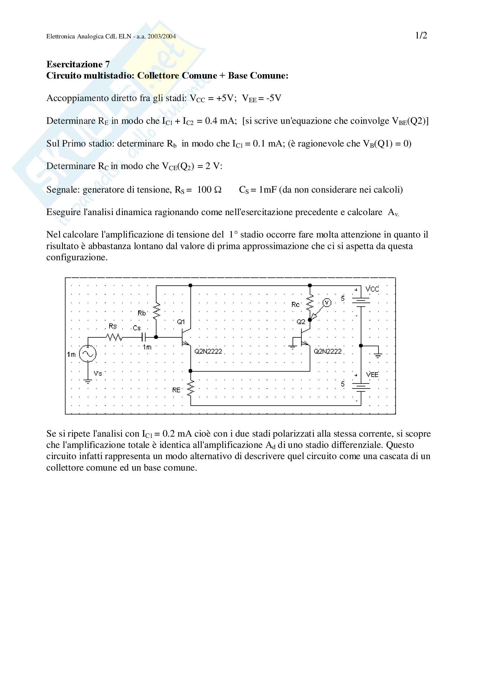 Elettronica analogica - Esercitazione Pag. 1