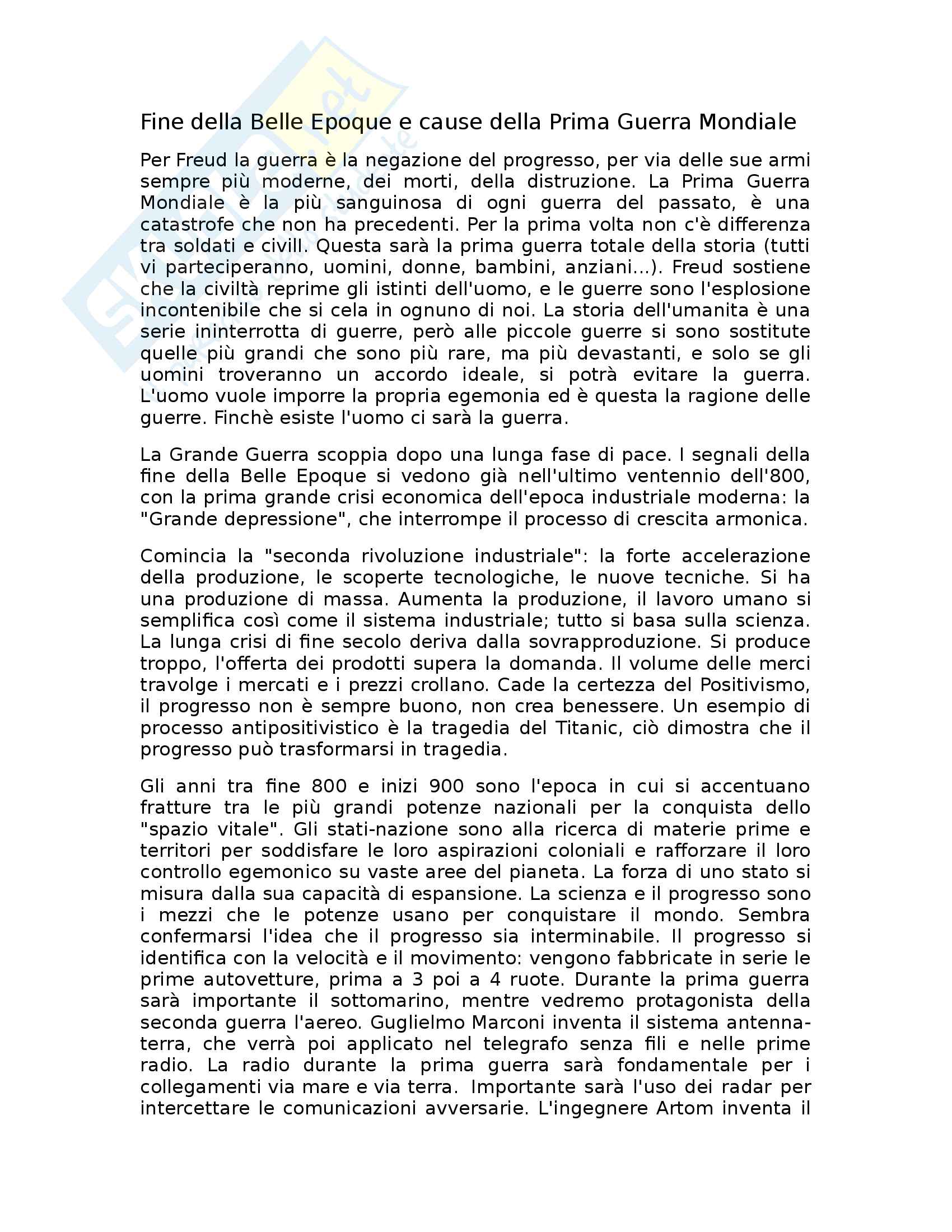 Fine della Belle Epoque e cause della Prima Guerra Mondiale Pag. 1