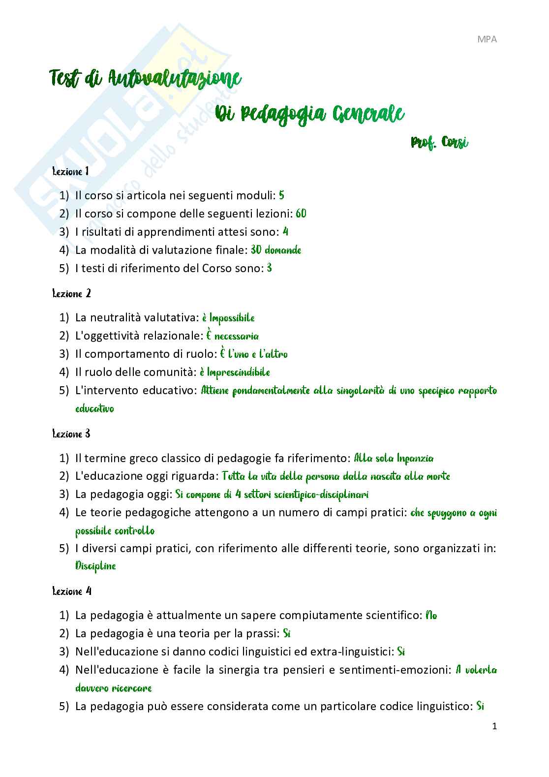 Test di autovalutazione Pedagogia Generale  Pag. 1