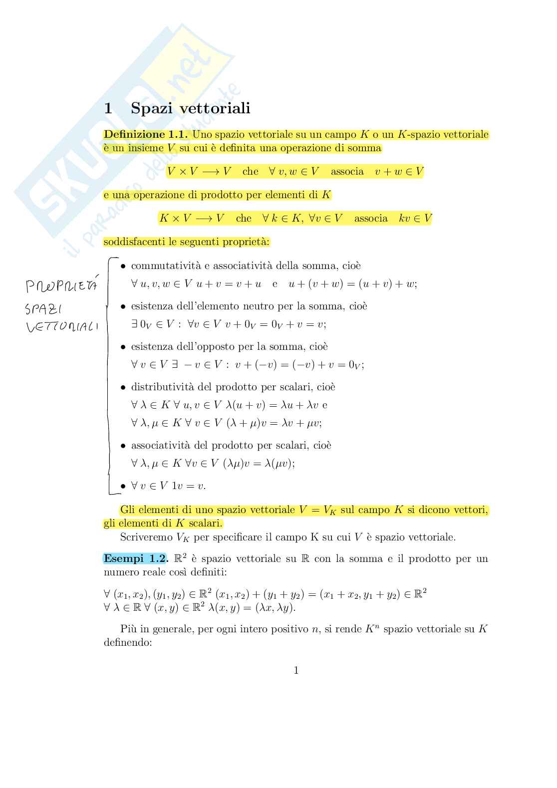 Appunti di Geometria sugli spazi vettoriali Pag. 1