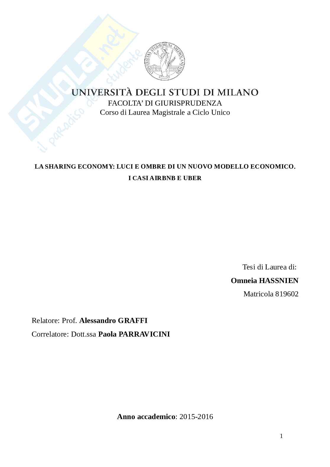 Tesi di Laurea in Economia Politica - La sharing Economy: Luci e ombre di un nuovo modello economico. I casi Airbnb e Uber Pag. 1