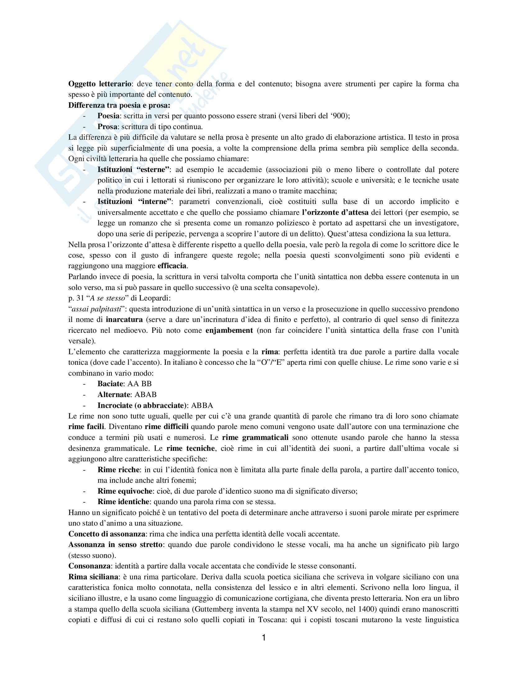 Riassunto esame Letteratura Italiana, prof. Barberi, libro consigliato Dimensioni della Letteratura Casadei Pag. 1