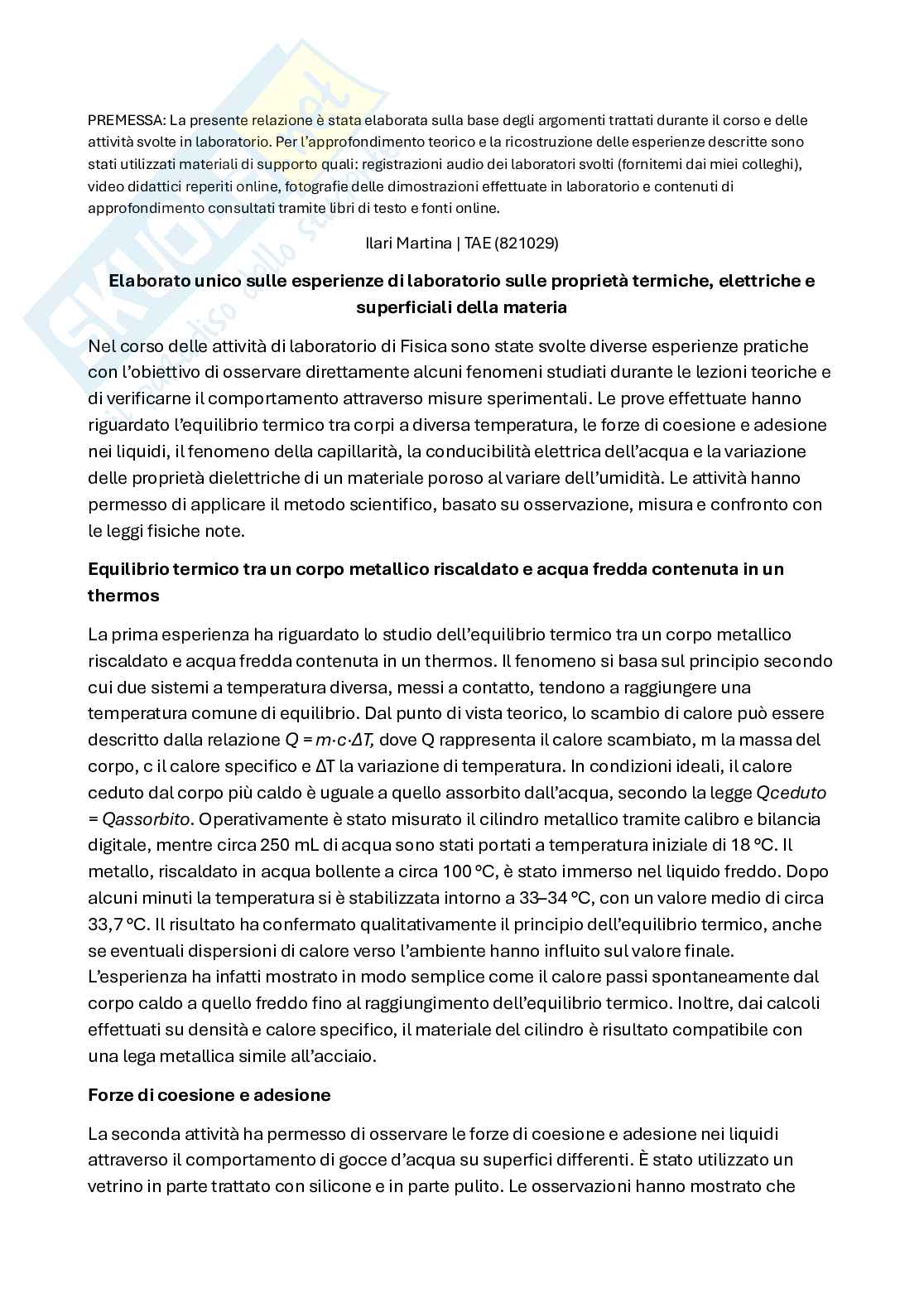 Esperienze di laboratorio di Fisica: proprietà termiche, elettriche e superficiali della materia Pag. 1