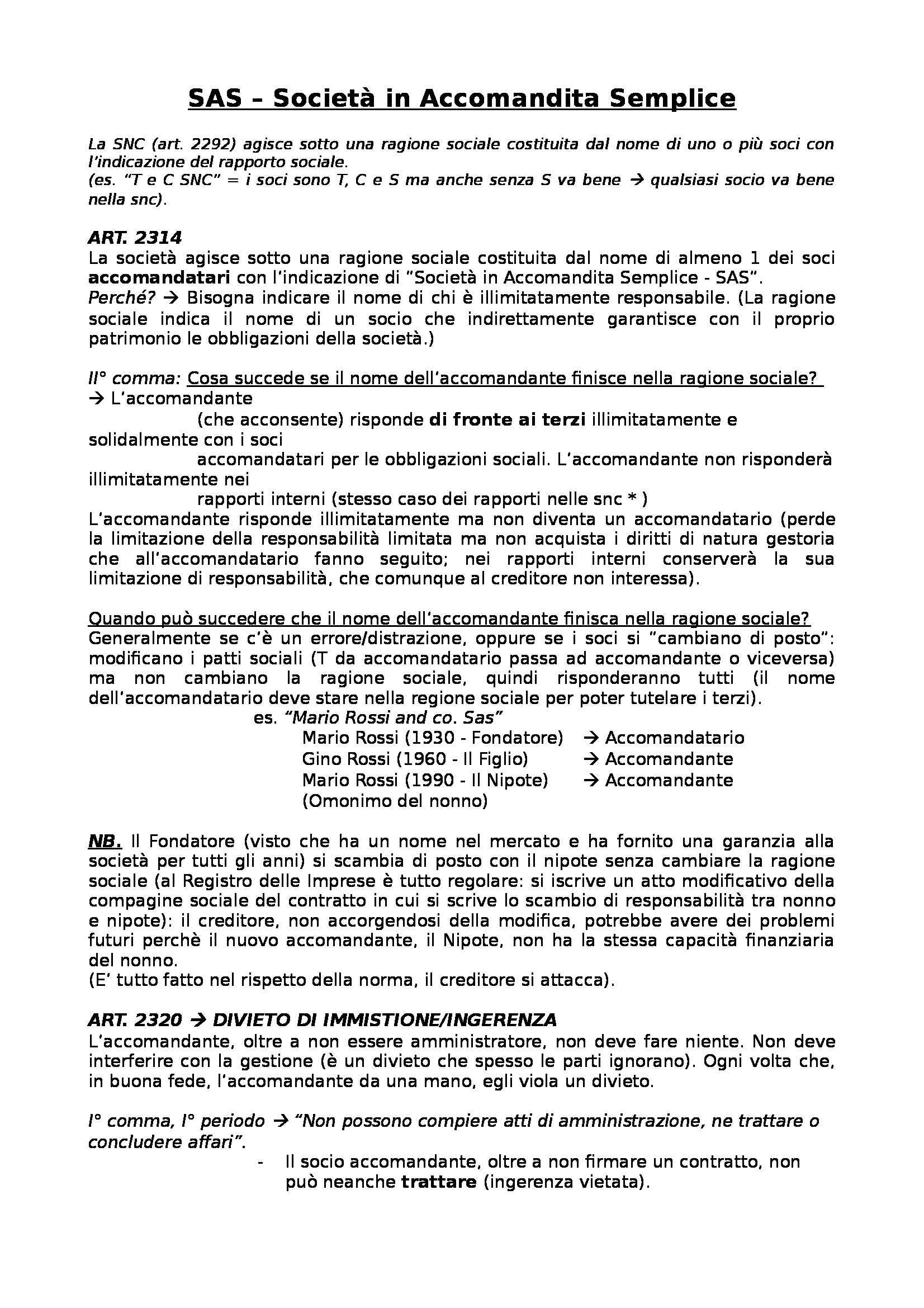 Diritto privato e commerciale - SAS - Società in Accomandita Semplice Pag. 1