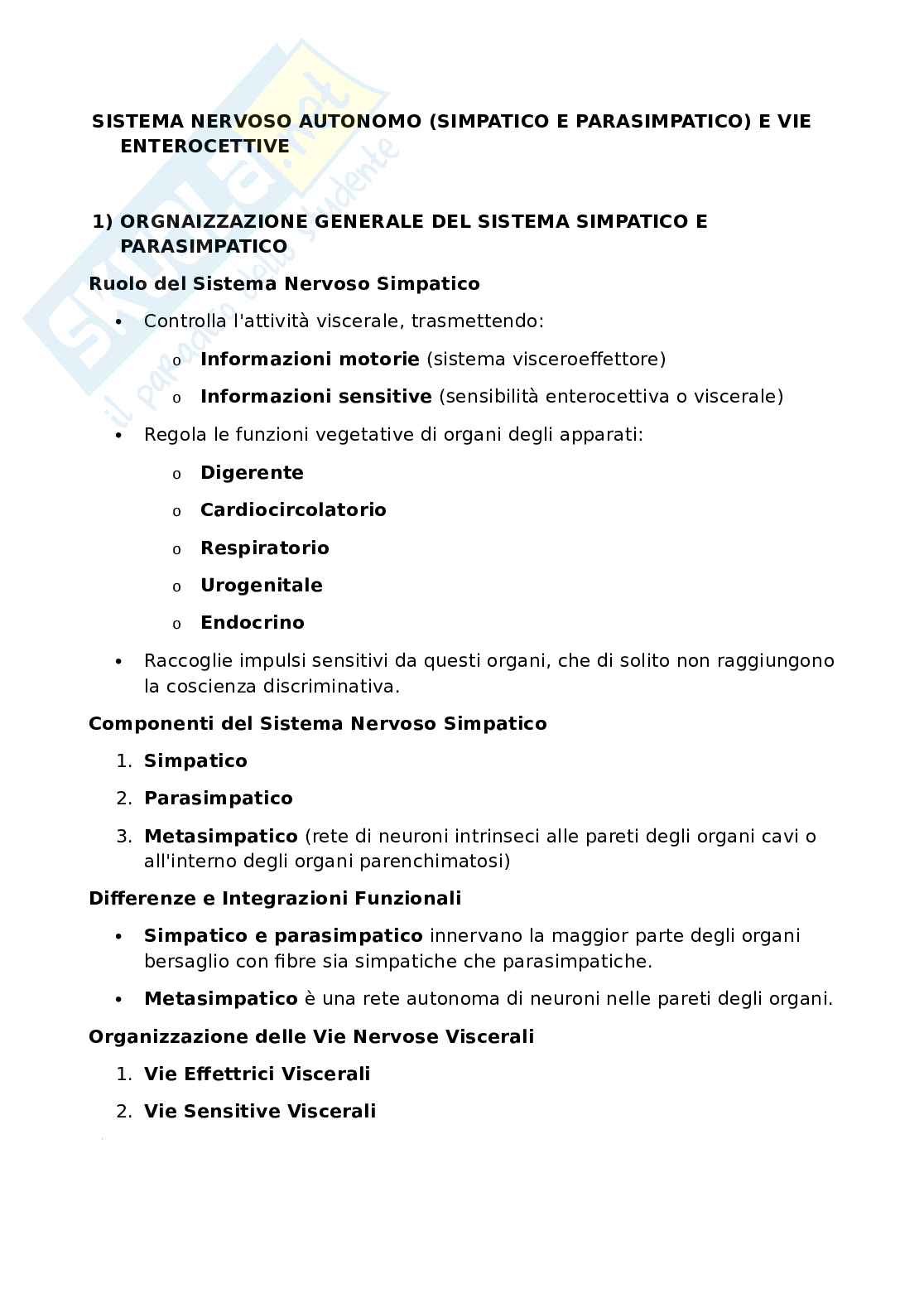 Sistema nervoso autonomo: simpatico, parasimpatico e vie viscerali enterocettive - Guida completa Pag. 1
