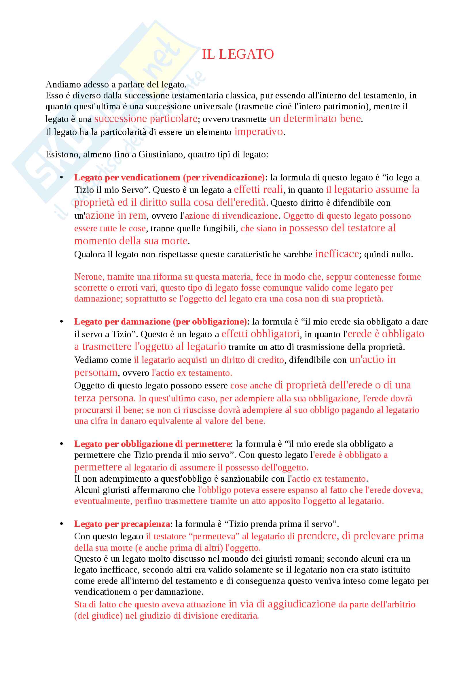 I vari tipi di legato, legge Falcidia, la revoca, capacità di fare legato, effetti del legato Pag. 1