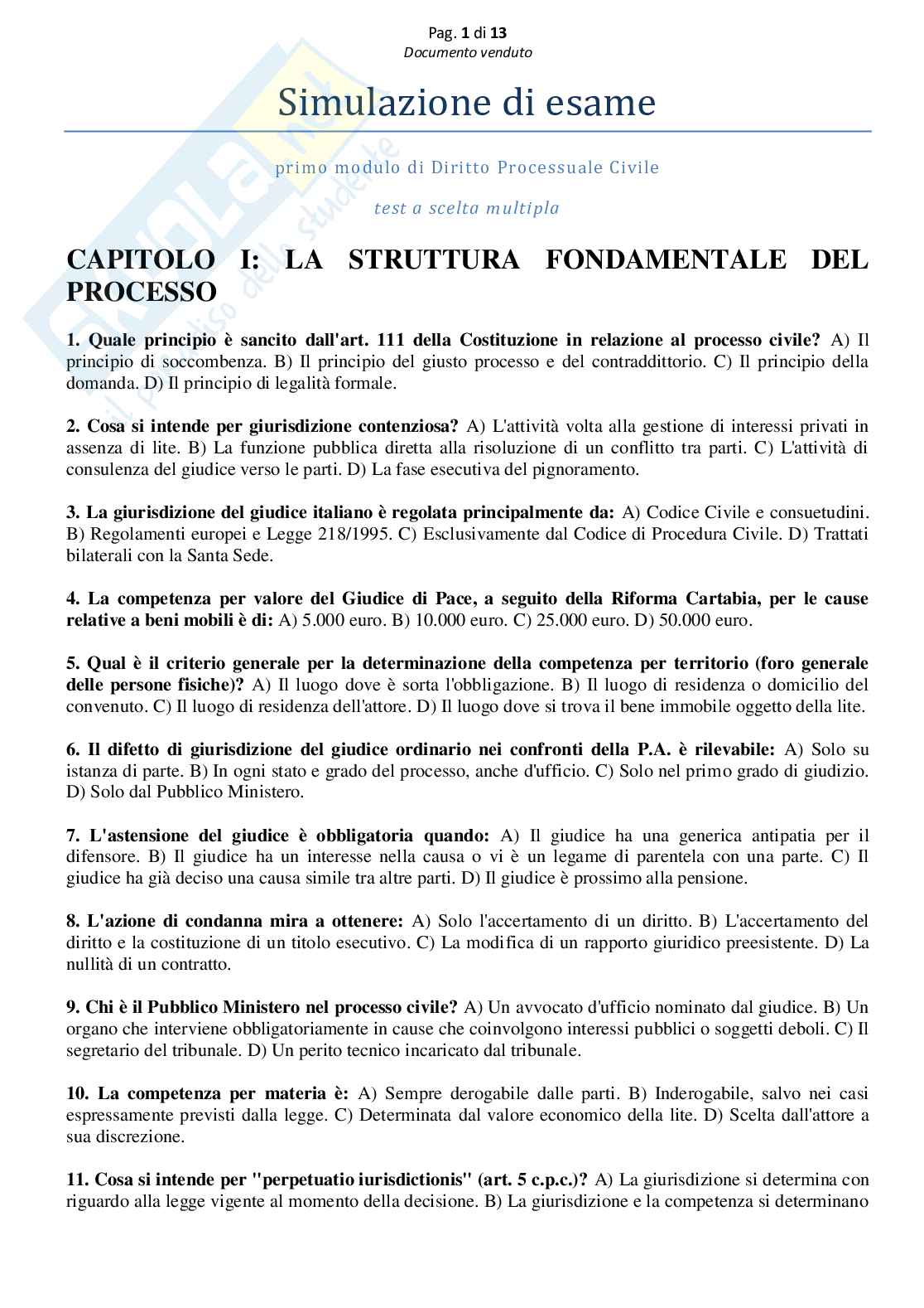 Simulazione esame a scelta multipla con soluzioni (1 modulo di Diritto processuale civile) Pag. 1