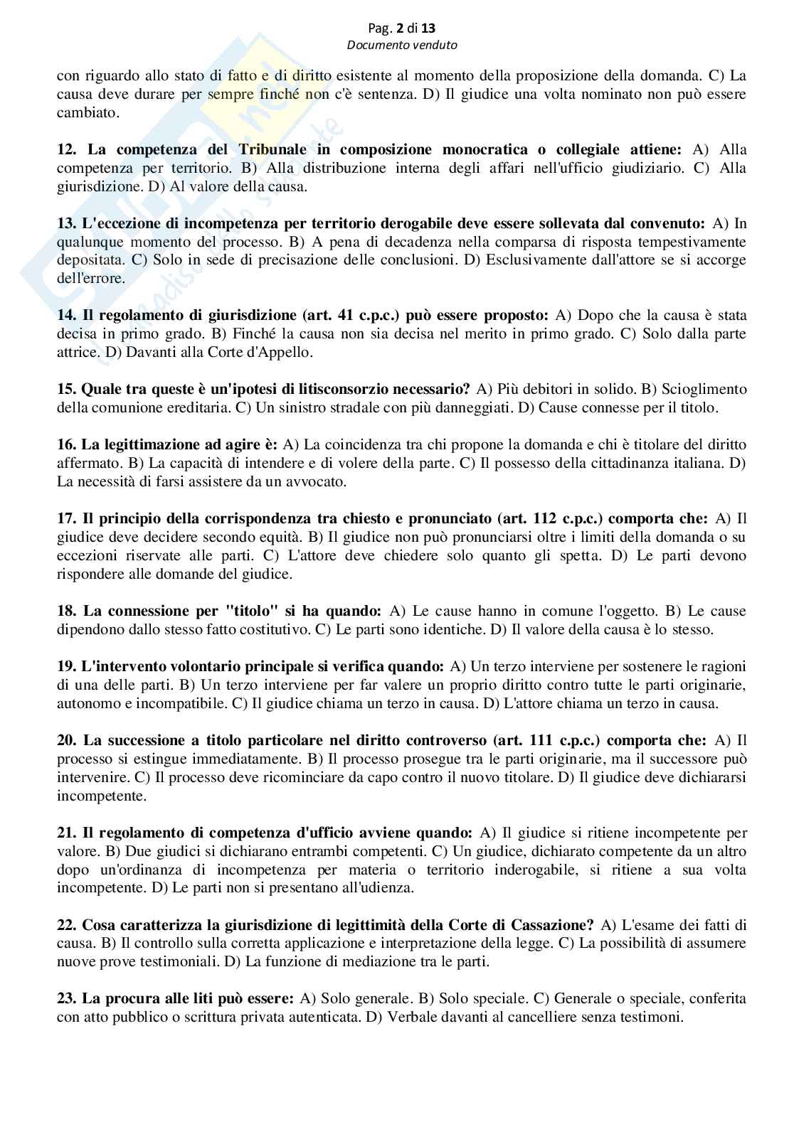 Simulazione esame a scelta multipla con soluzioni (1 modulo di Diritto processuale civile) Pag. 2