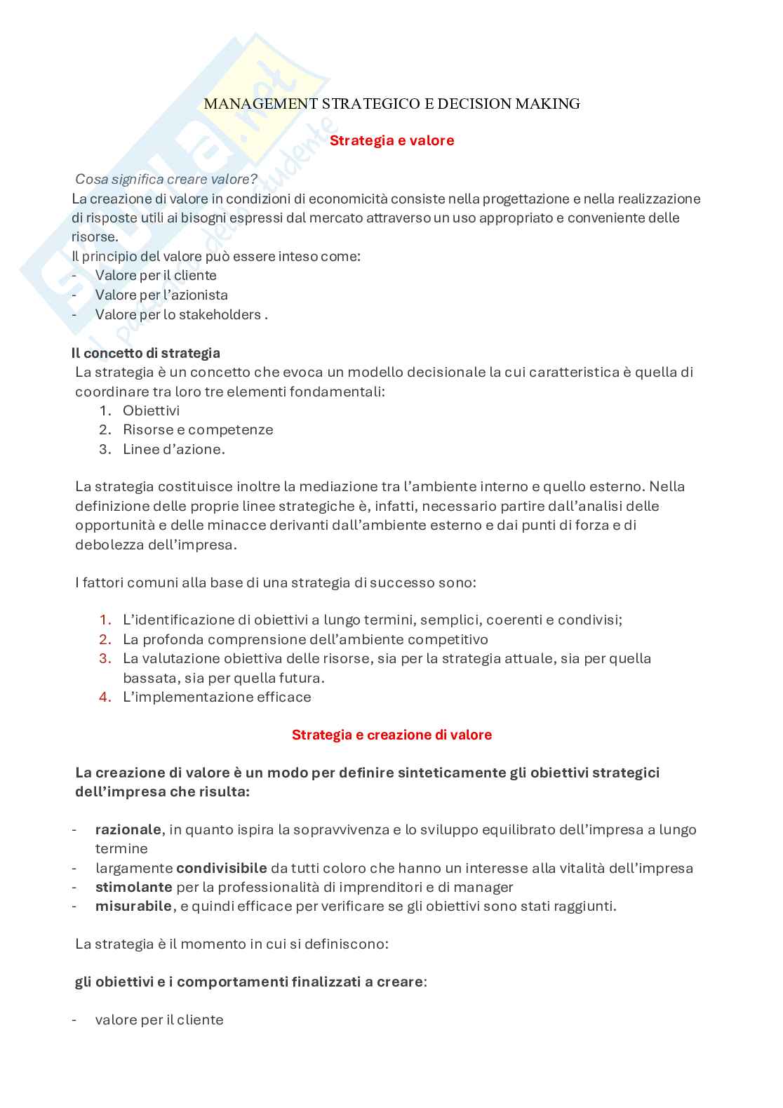 Appunti di Management strategico e decision making Pag. 1