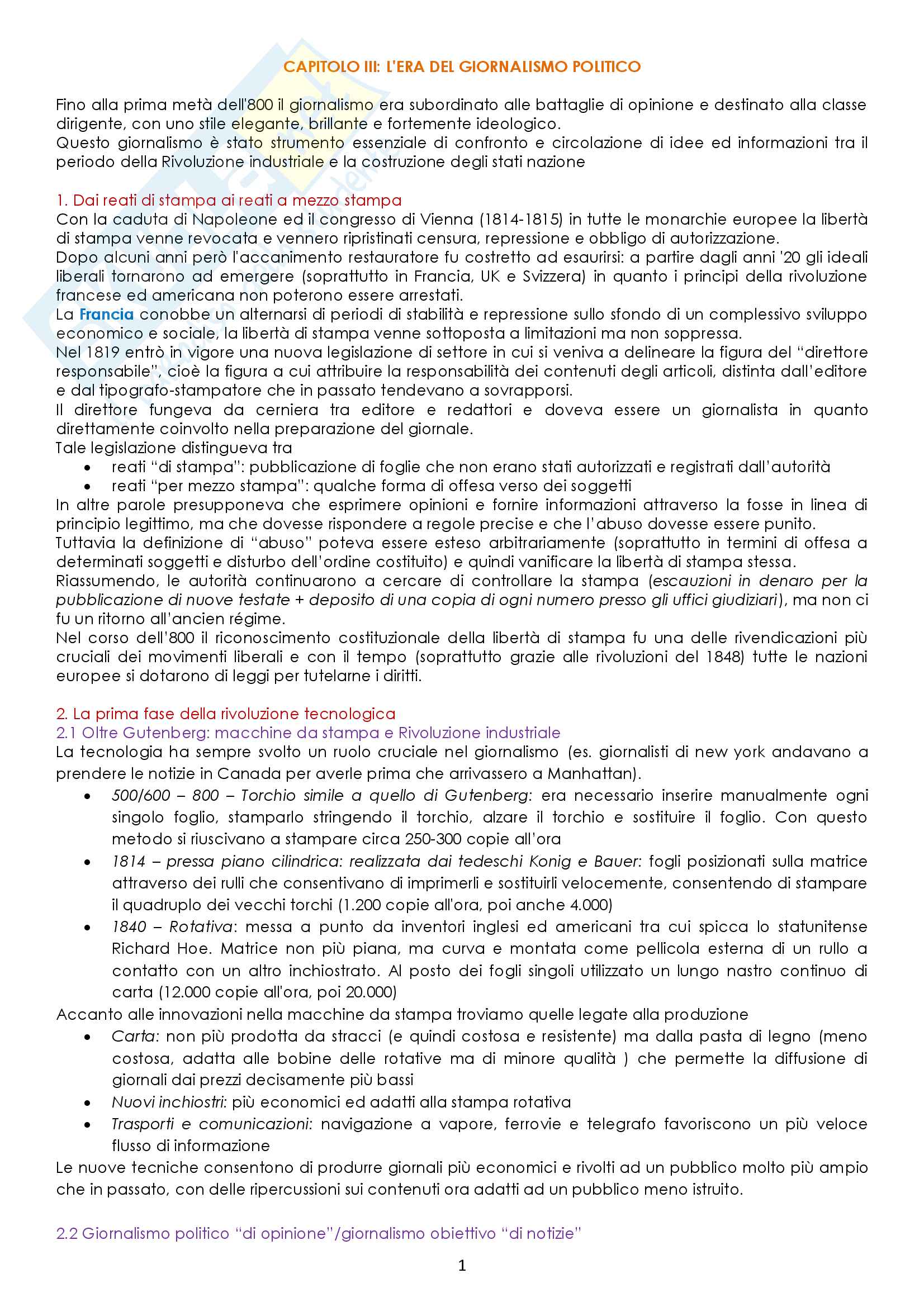 Riassunto esame Storia del giornalismo, prof. Bergamini, libro consigliato La democrazia della stampa, Oliviero Bergamini Pag. 1