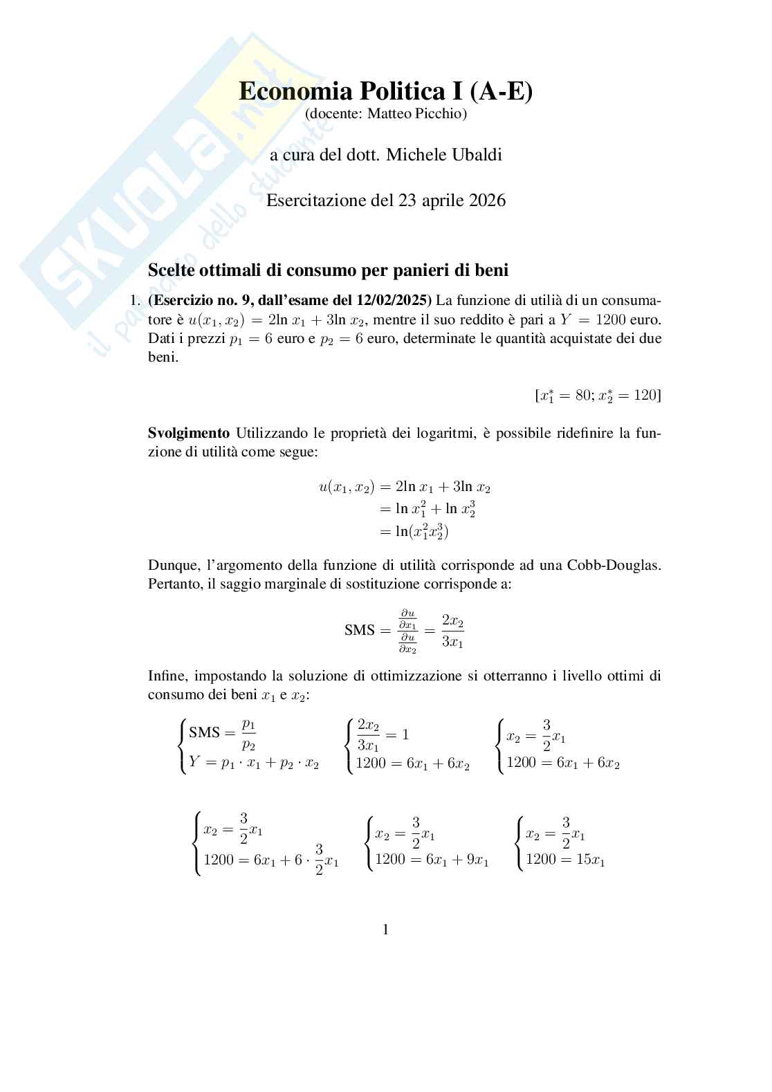 Esercitazione Panieri di Economia politica 1 Pag. 1
