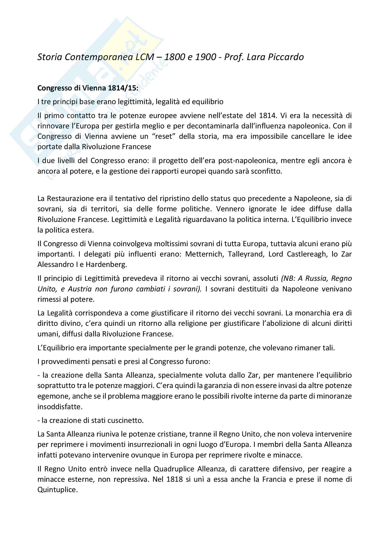 Storia dell'800 e del 900 Prof Piccardo Unige LCM Storia contemporanea Pag. 1