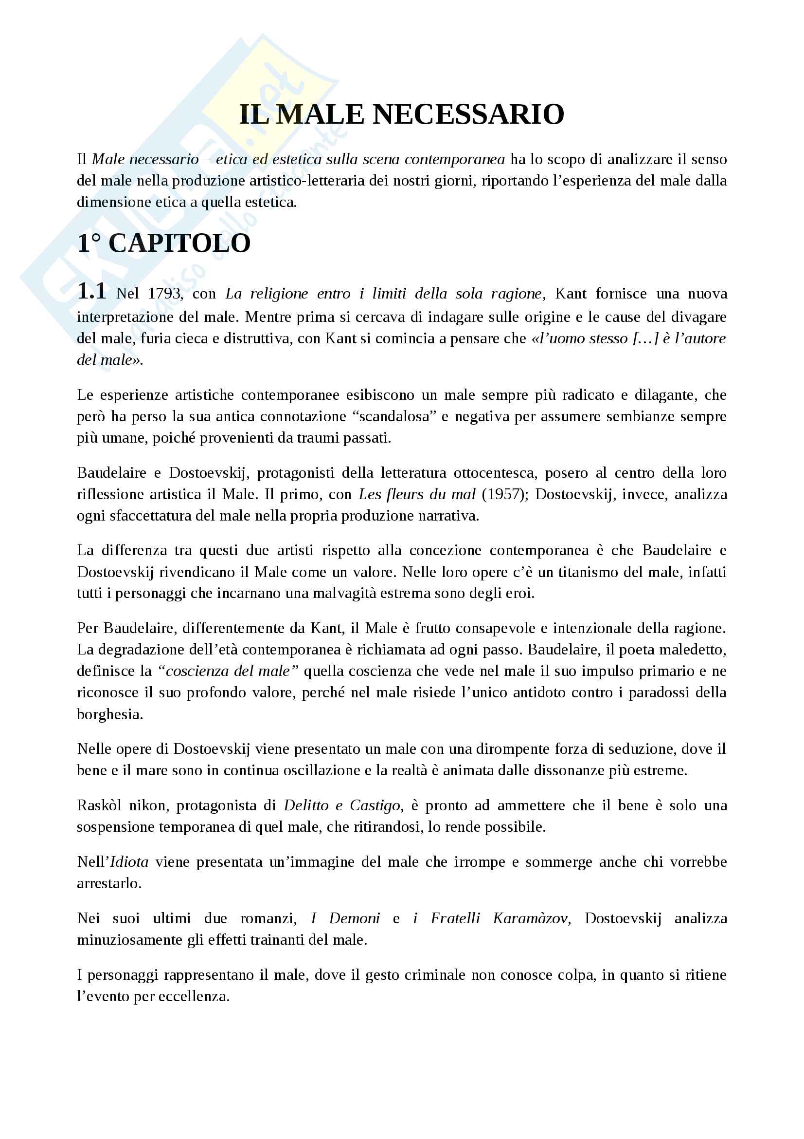 Riassunto per esame Letteratura e Arti Visive 1-2 - libro consigliato Il male necessario Pag. 1