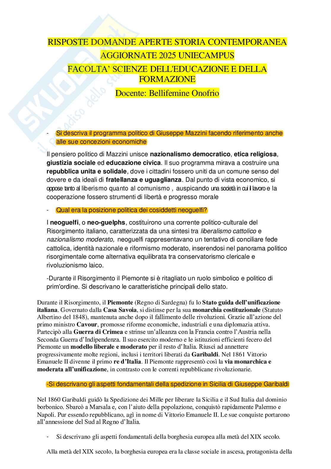 Risposte domande aperte Storia contemporanea aggiornate 2026  Pag. 1