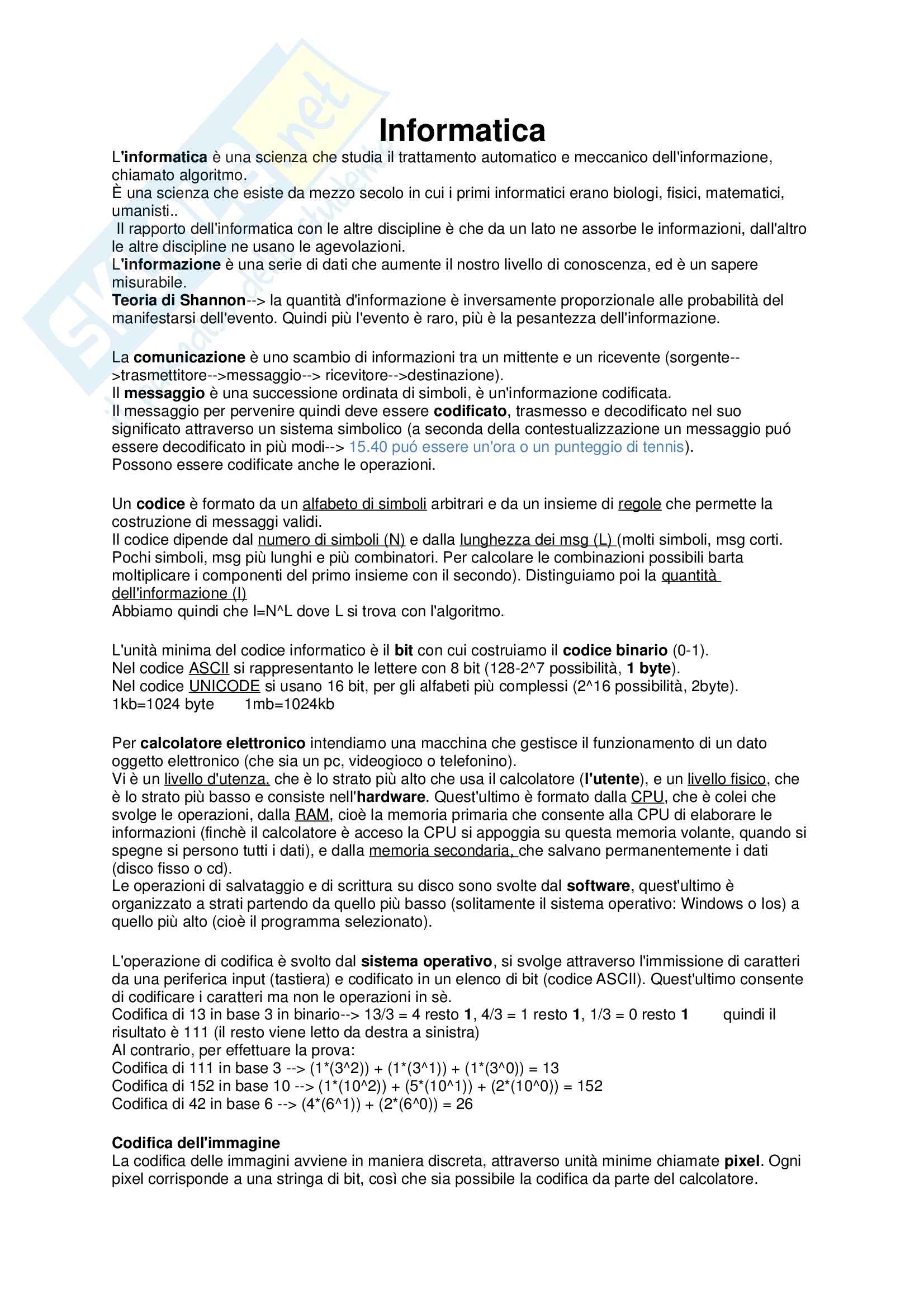 Riassunto esame Informatica, prof. Ferrara, libro consigliato Informazione, conoscenza e web per le scienze umanistiche, Ferrara Pag. 1