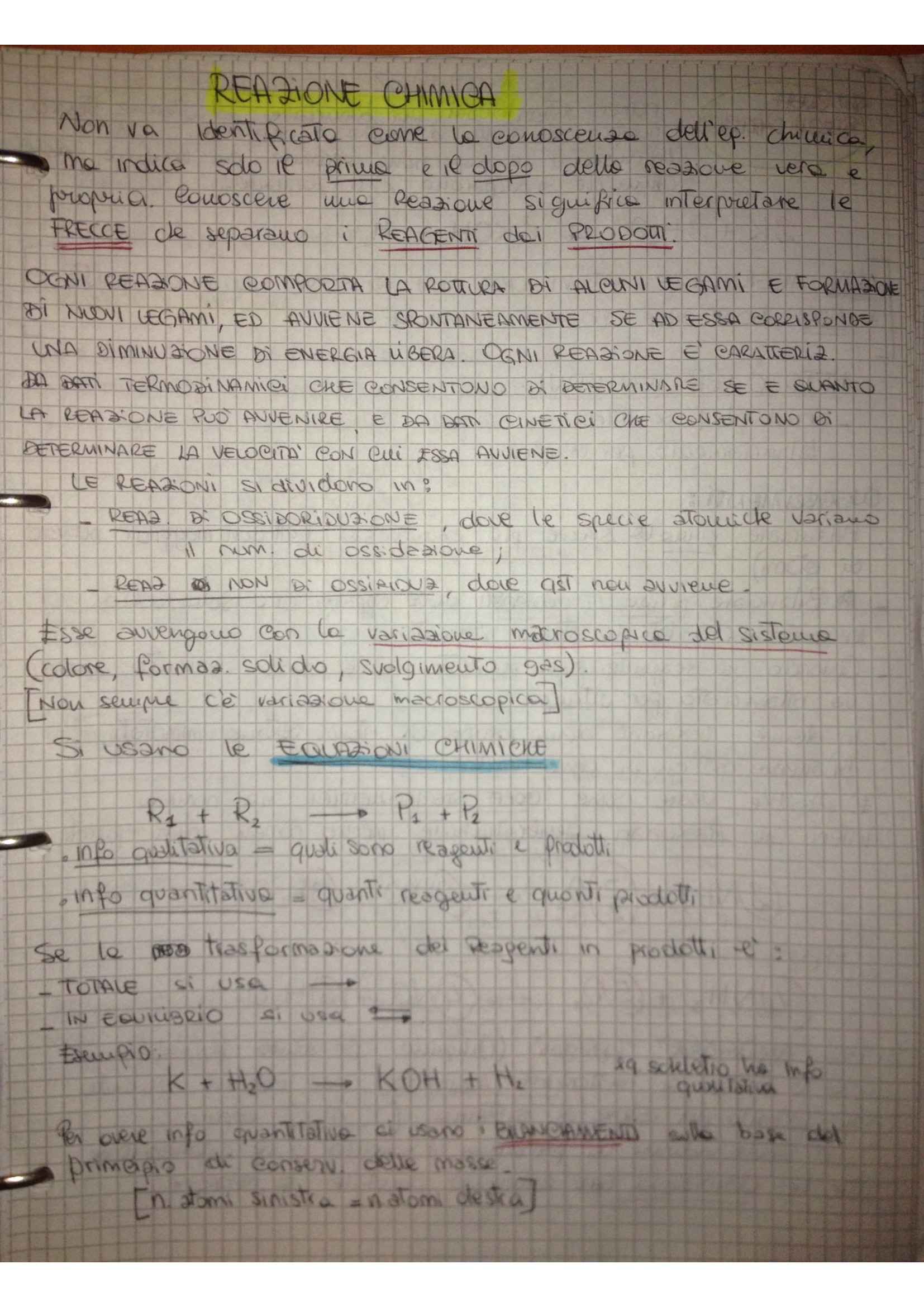 Fondamenti di chimica - reazioni chimiche e esercizi sulle ossidoriduzioni Pag. 1