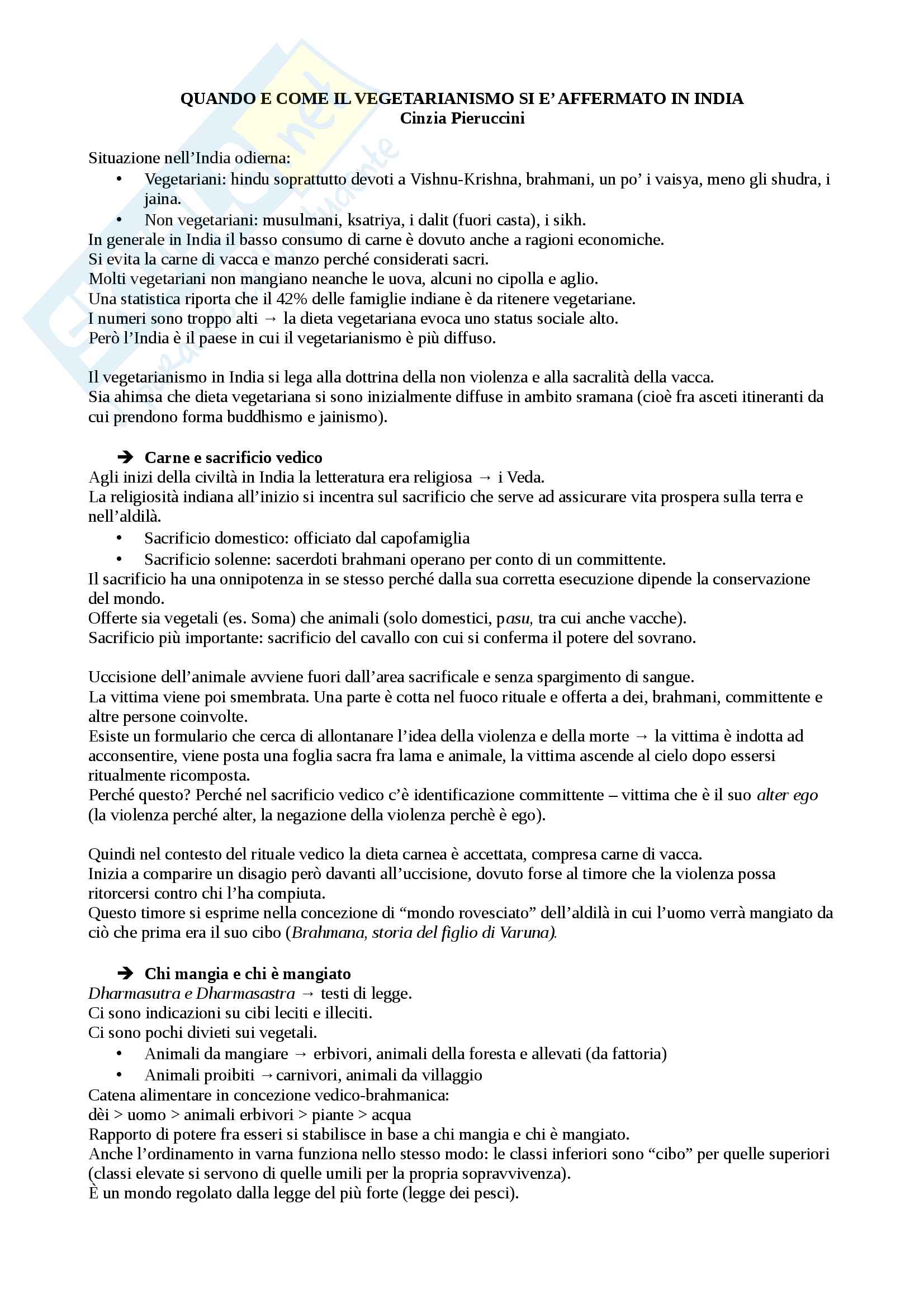 Sunto di indologia, prof. Pieruccini, dispensa consigliata: Quando e come il vegetarianismo si affermato in India Pag. 1