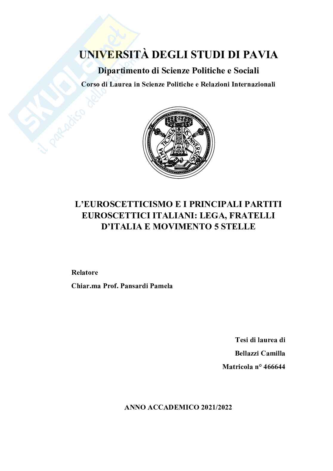 L’euroscetticismo e i principali partiti euroscettici italiani: Lega, Fratelli d’Italia e Movimento 5 Stelle  Pag. 1