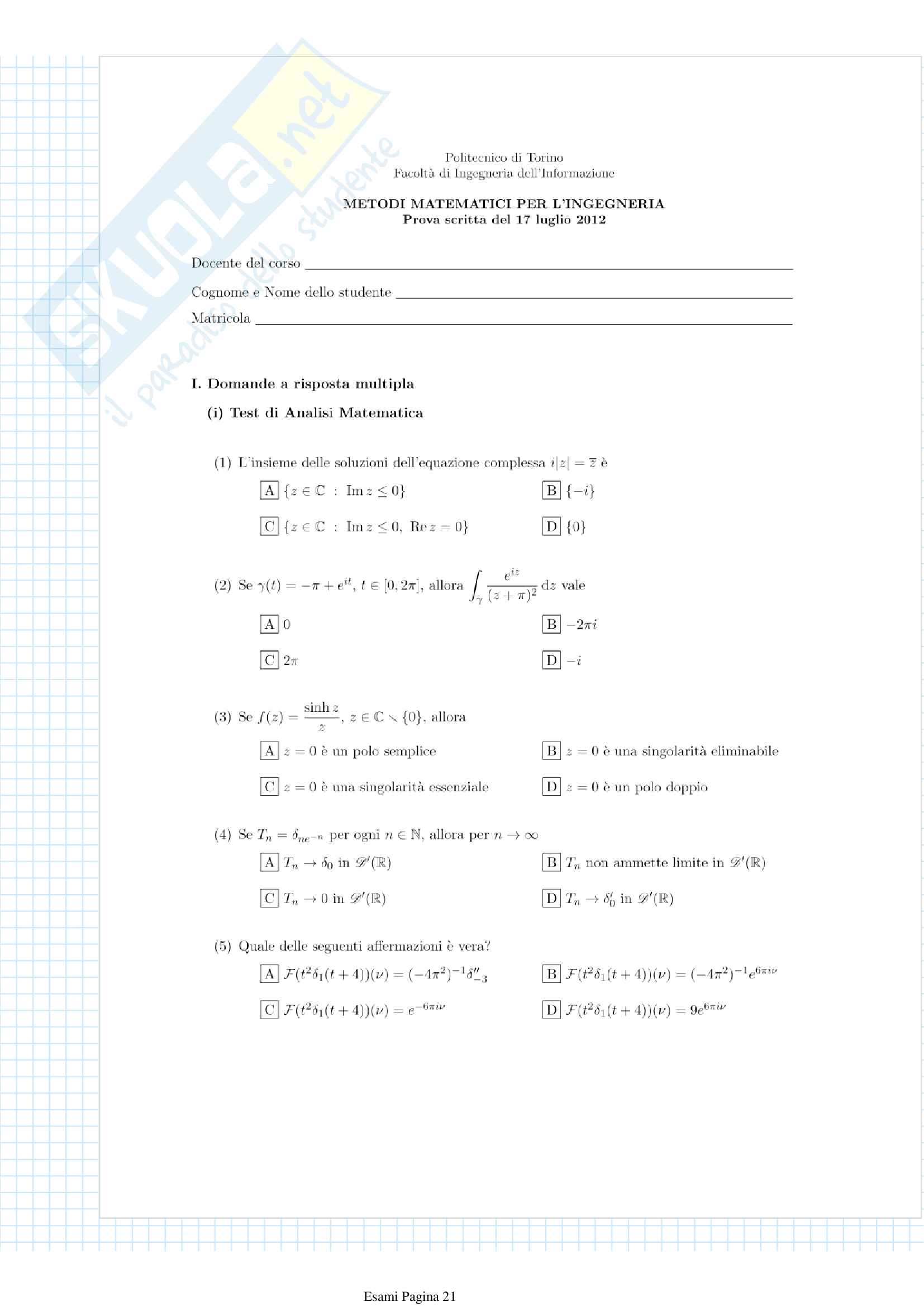 Metodi matematici per l'ingegneria - Esami svolti Pag. 21