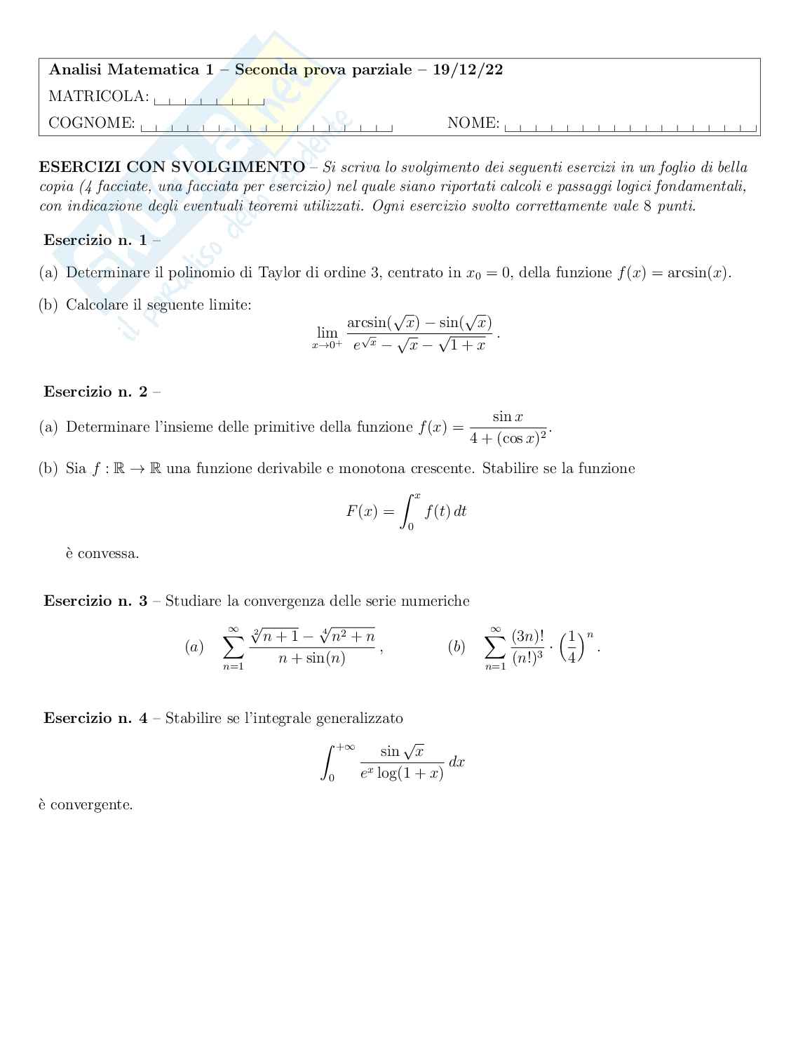 Seconda provetta Analisi matematica 1 Pag. 1