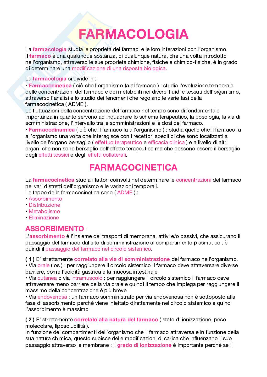 Riassunto farmacologia