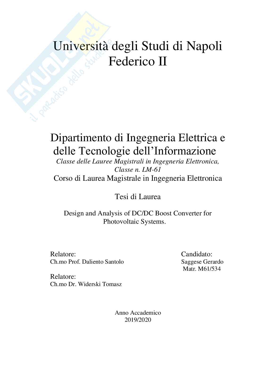 Progettazione e analisi di un convertitore DC/DC Boost per sistemi fotovoltaici Pag. 1
