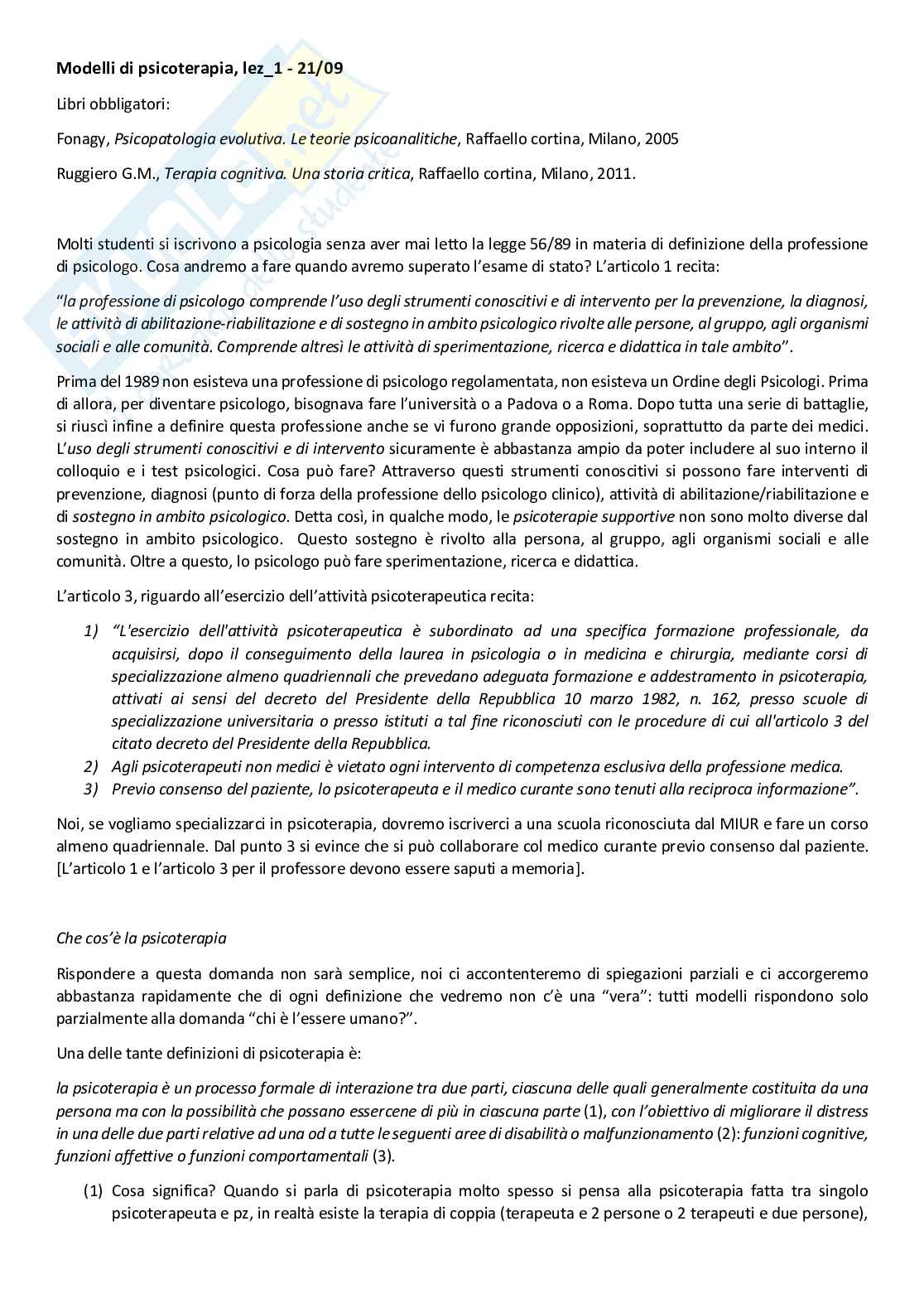 Modelli di Psicoterapia Pag. 1