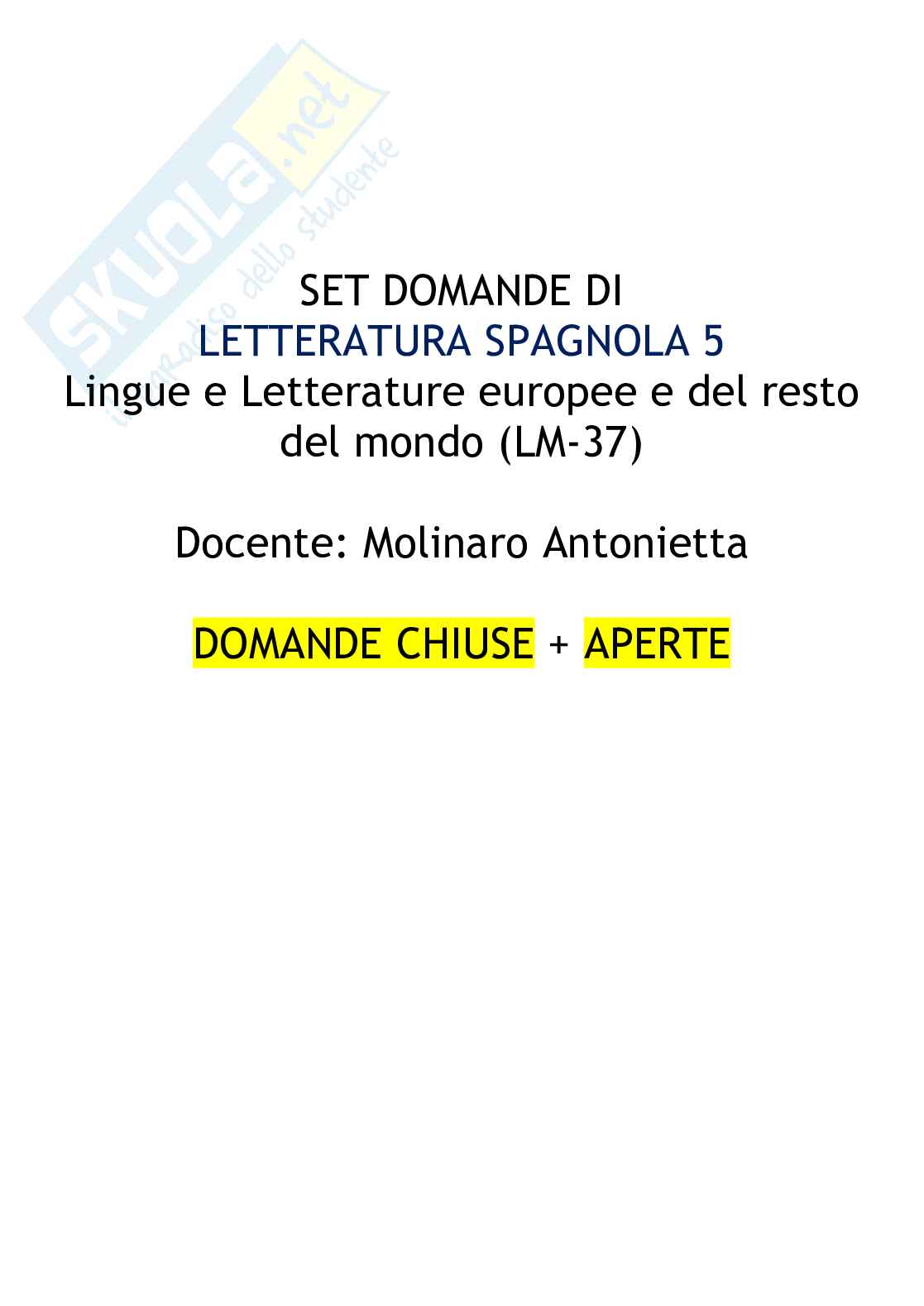 Paniere di Letteratura spagnola 5 con domande multiple + aperte, 2025 Pag. 1