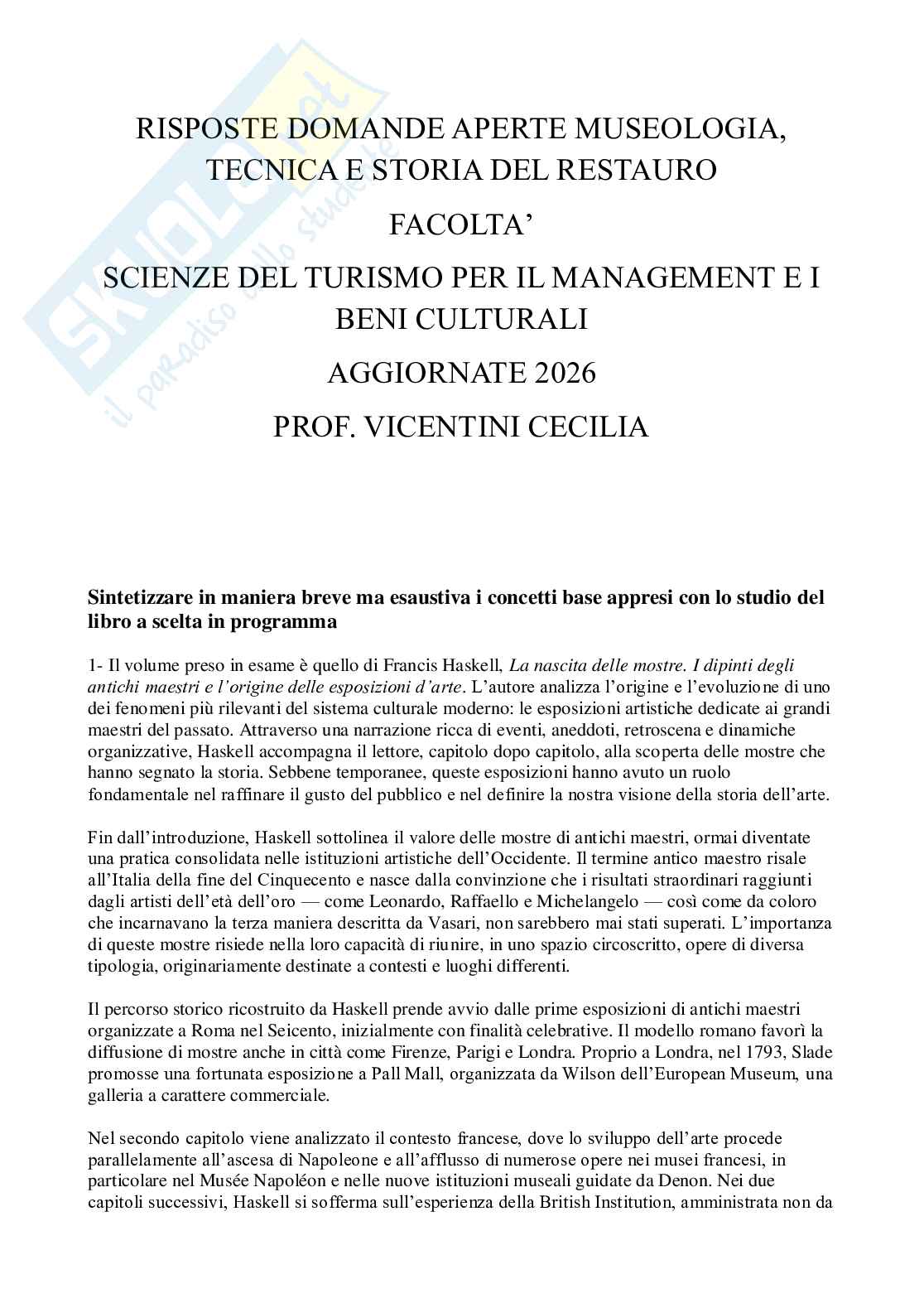Risposte domande aperte Museologia, tecnica e storia del restauro, aggiornate 2026  Pag. 1