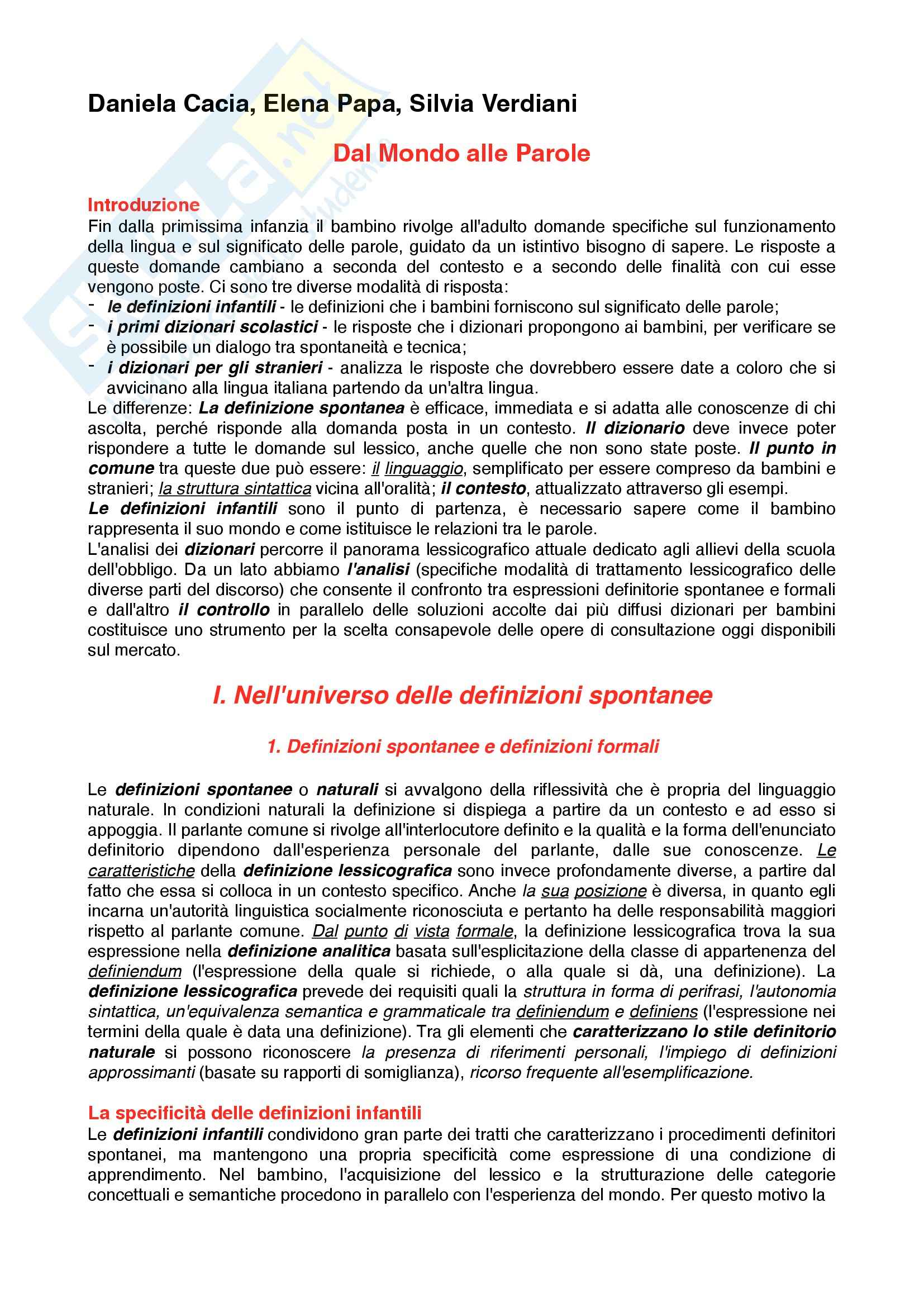 Riassunto esame linguistica Italiana, prof. Papa, libro consigliato Dal Mondo Alle Parole, Papa, Cacia, Verdiani Pag. 1