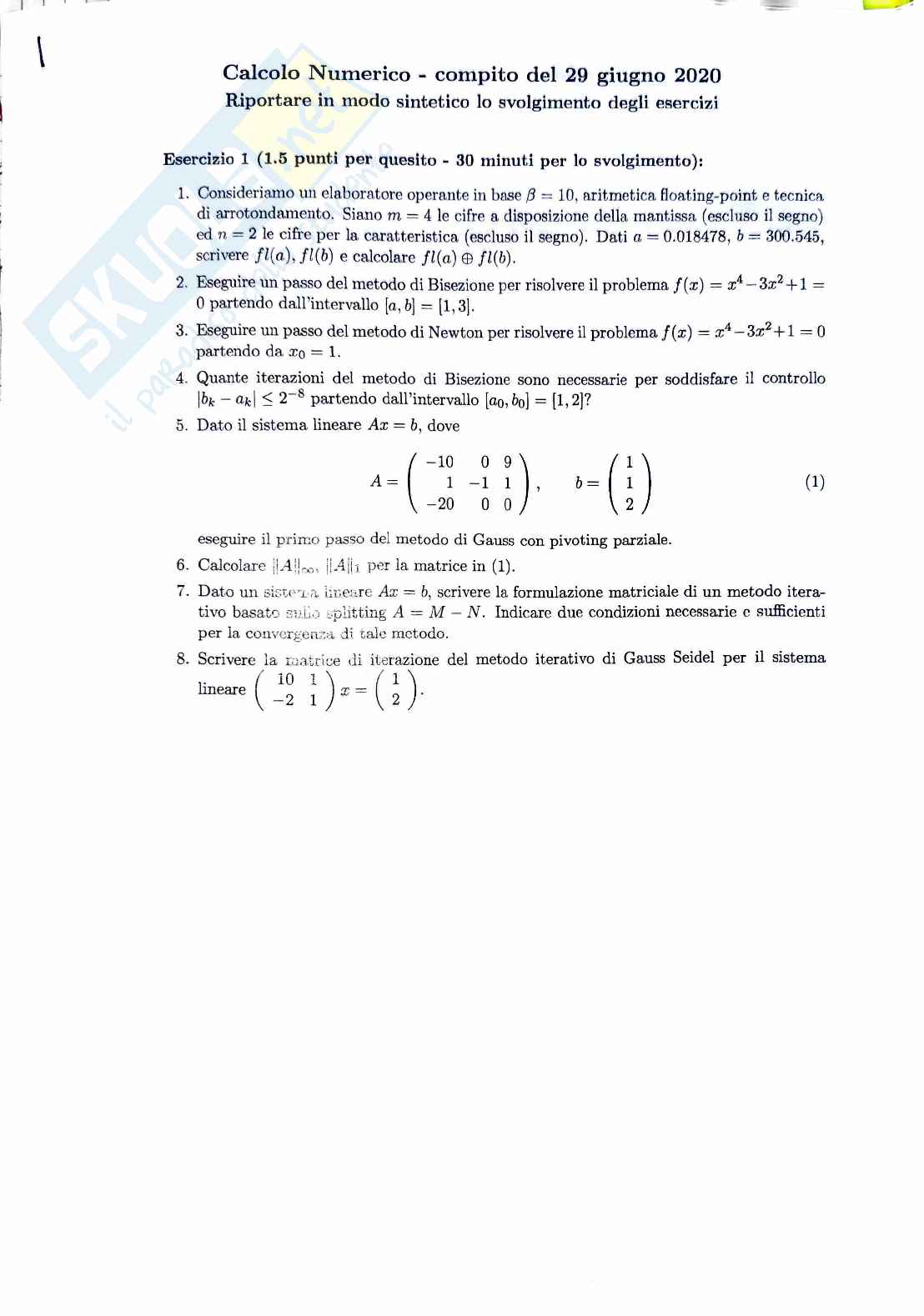Esame Calcolo numerico - 29 Giugno 2020 Pag. 1