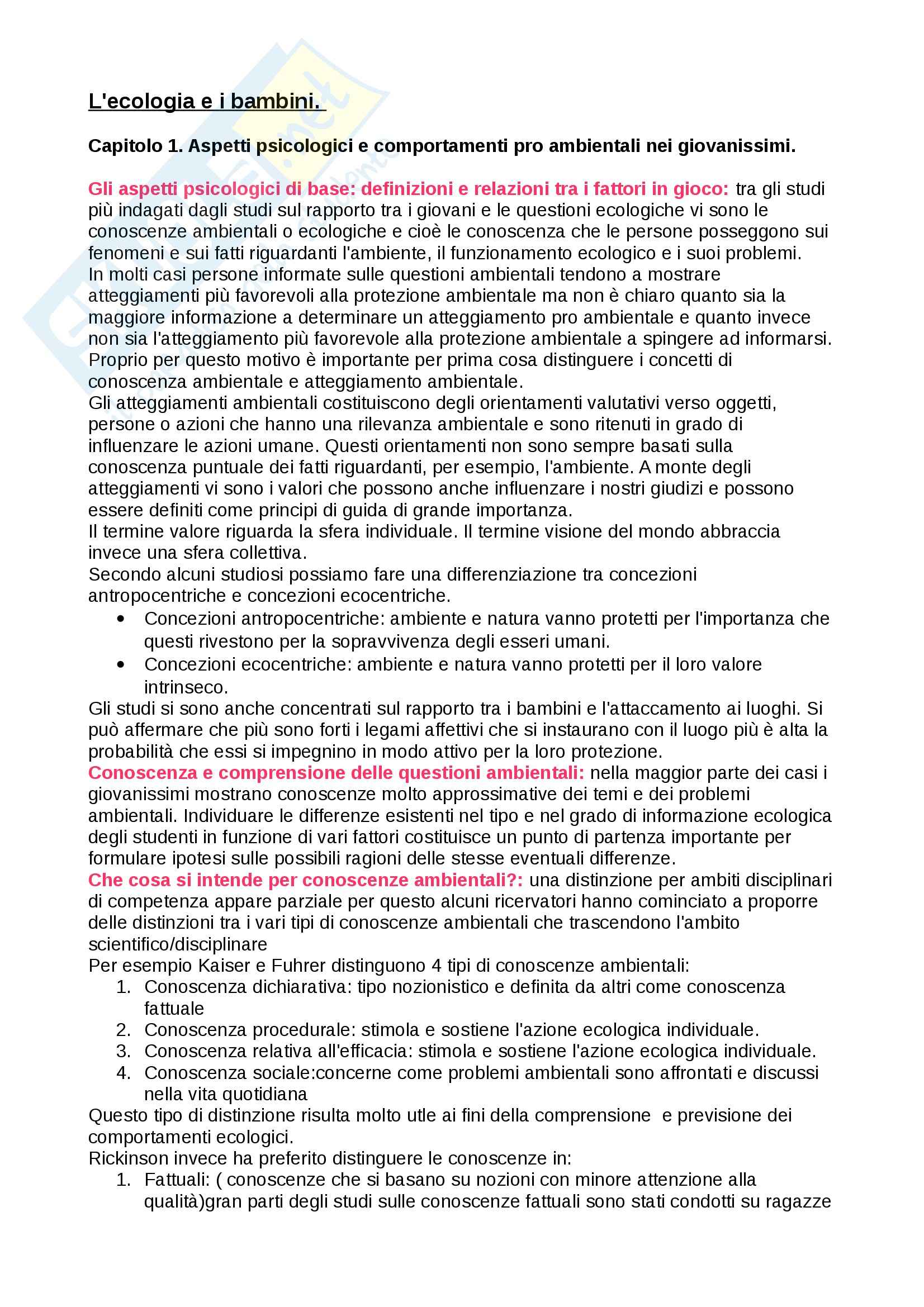 Riassunto esame Psicologia, prof. Carrus, libro consigliato Bambini e ecologia Pag. 1