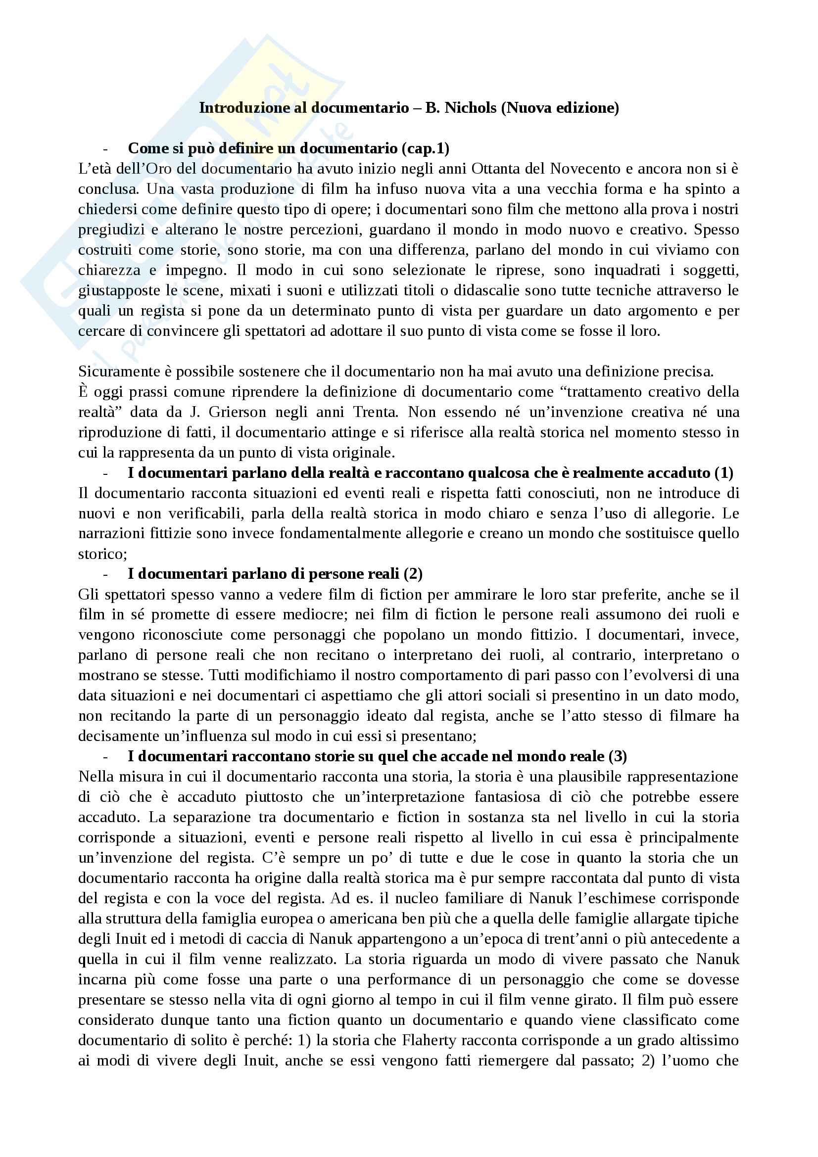 Riassunto esame antropologia visiva, prof. Pennacini, libro consigliato Introduzione al documentario, Nichols Pag. 1
