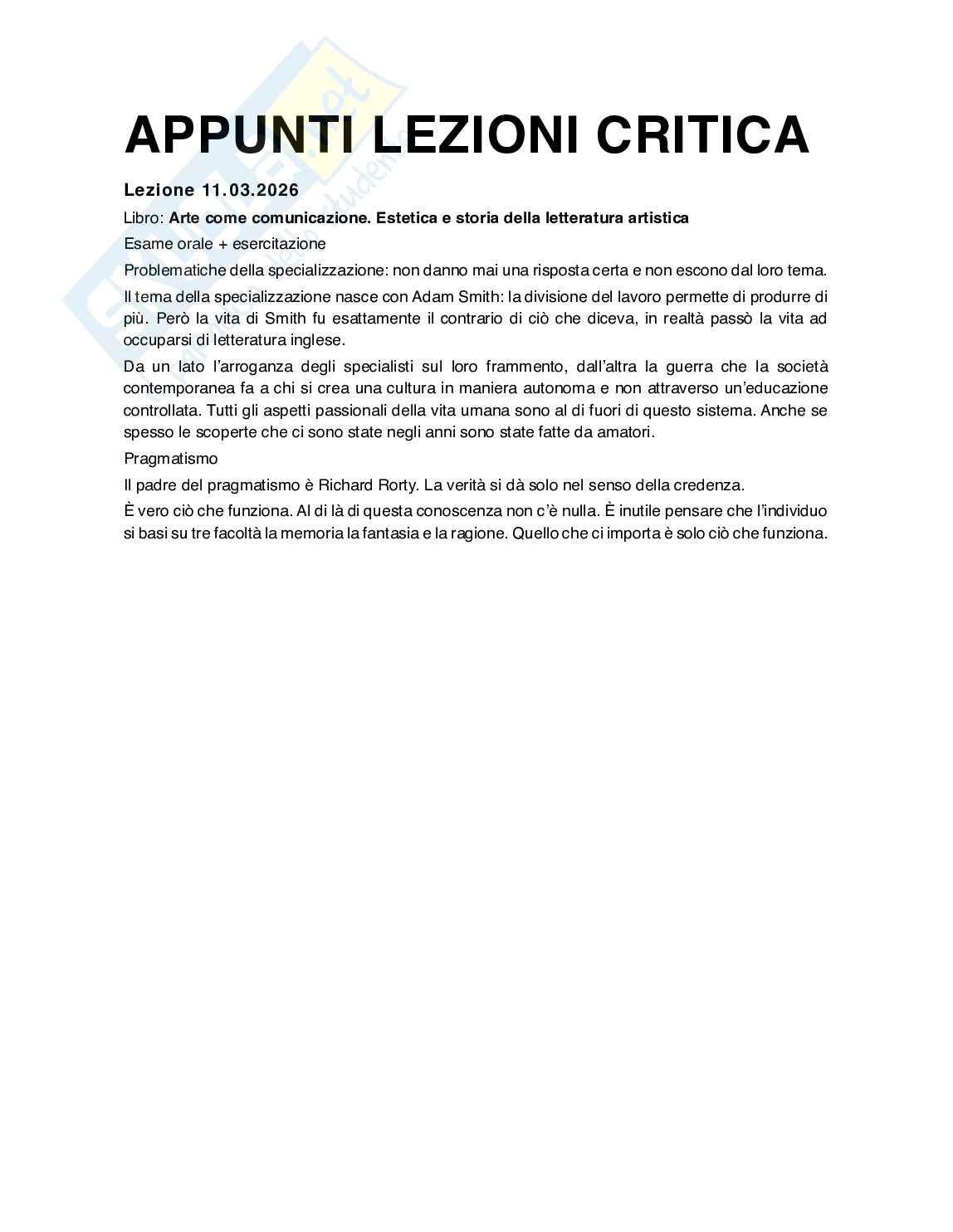 Appunti Lezioni Critica d'arte e d'architettura Pag. 1