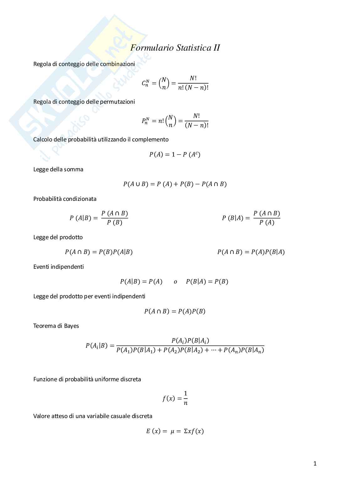 Formulario Metodi statistici per l'amministrazione delle imprese Pag. 1