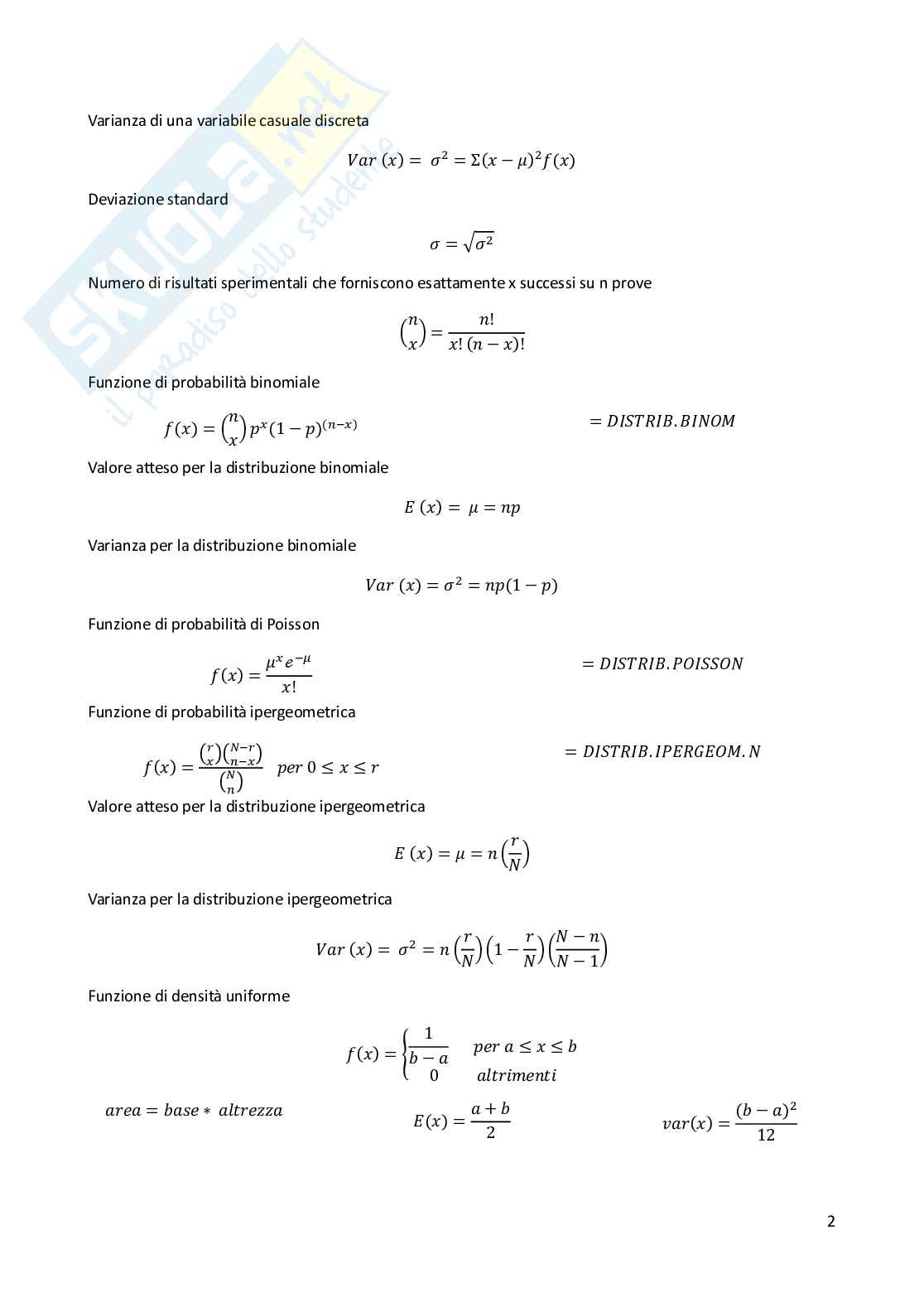 Formulario Metodi statistici per l'amministrazione delle imprese Pag. 2