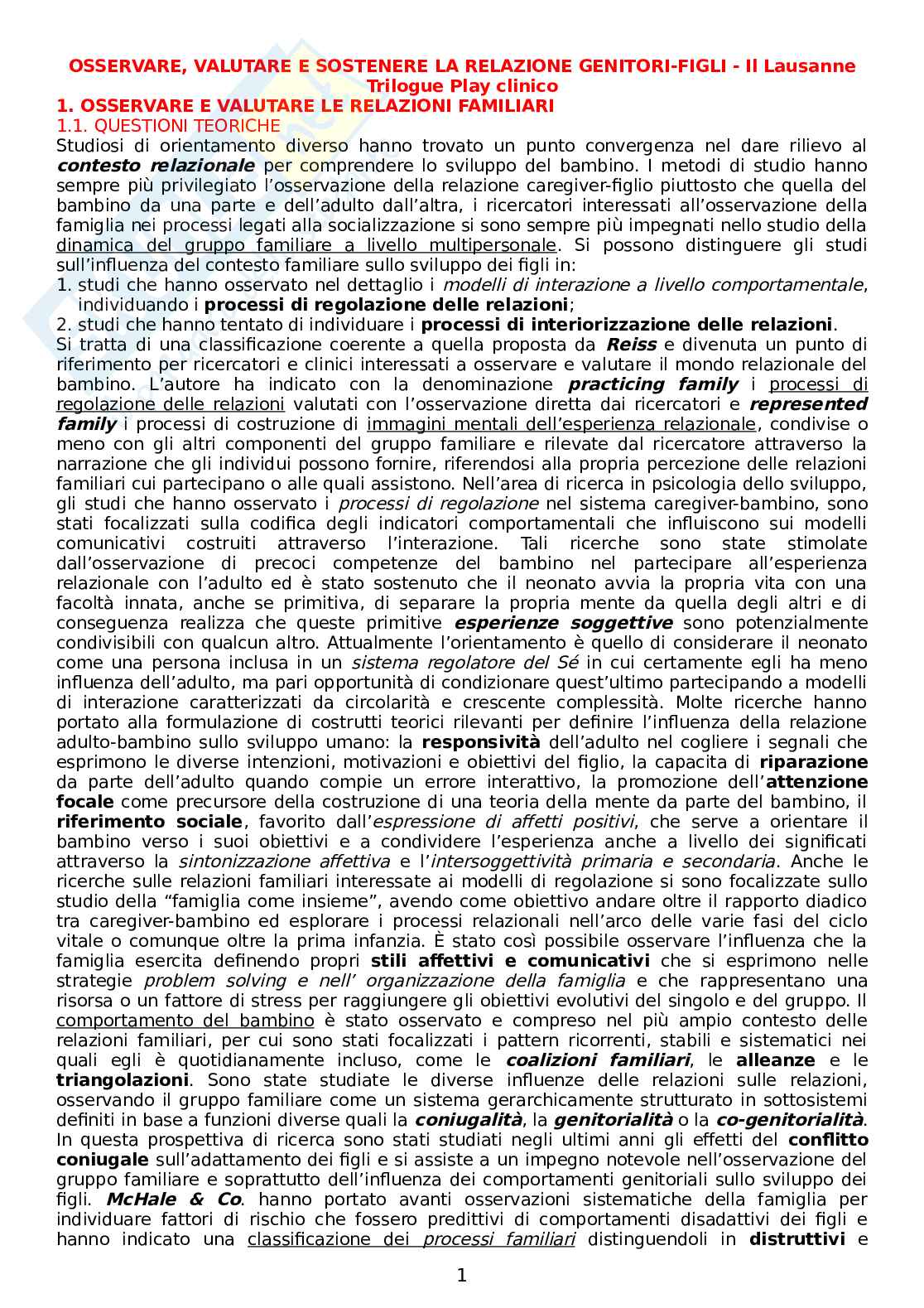 Riassunto esame Metodi di valutazione in contesti relazionali, Prof. Miragoli Sarah, libro consigliato Osservare, valutare e sostenere la relazione genitori-figli: Il Lausanne Trilogue Play clinico, Malagoli Togliatti, M., Mazzoni, S Pag. 1