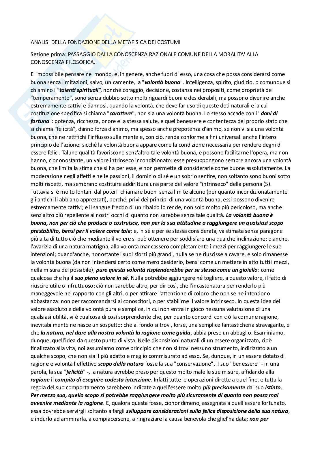 Analisi prima sezione Fondazione della metafisica dei costumi  Pag. 1