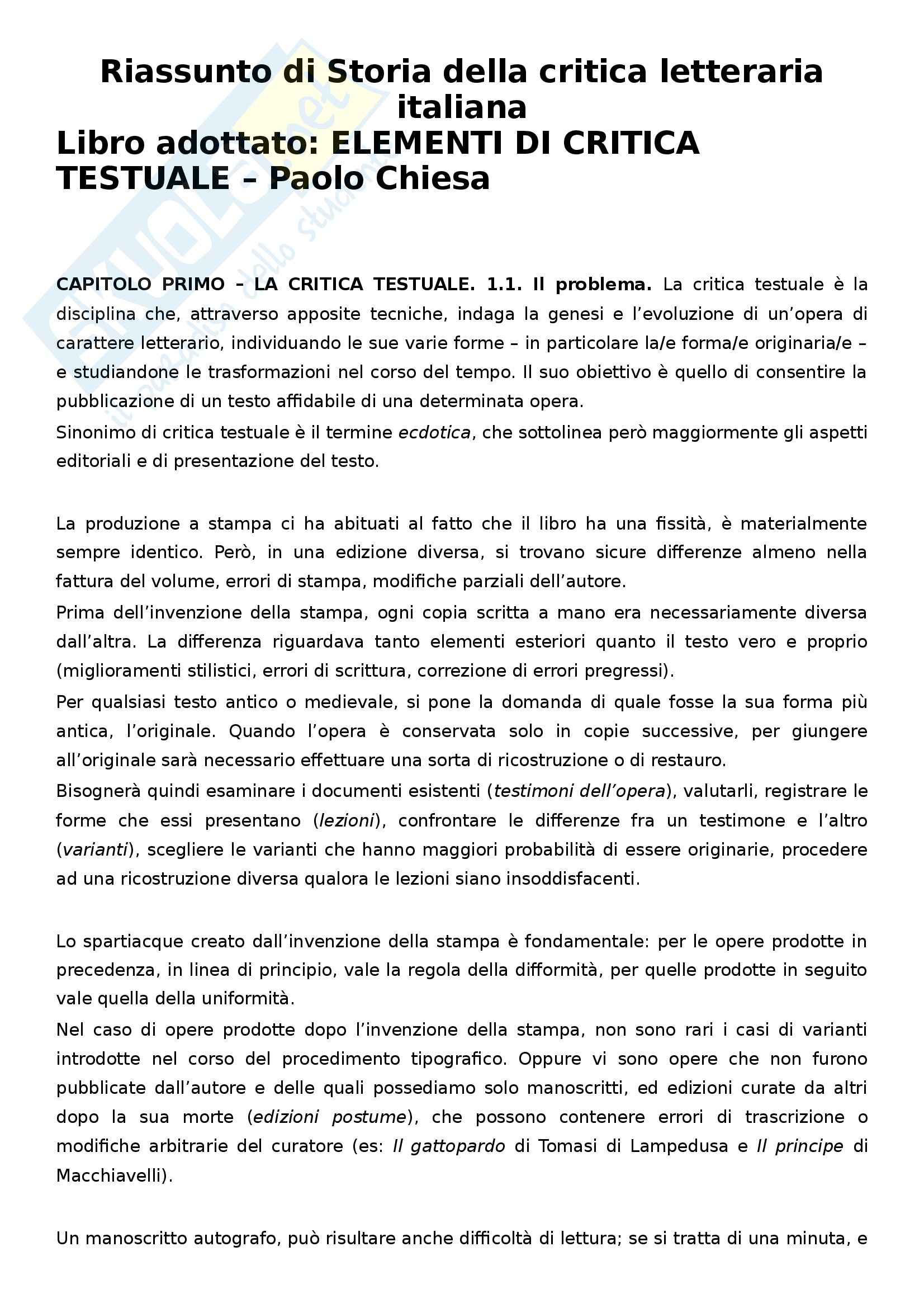 Riassunto esame Storia della critica letteraria italiana, prof. Ortolani, libro consigliato Elementi di critica testuale di Chiesa Pag. 1