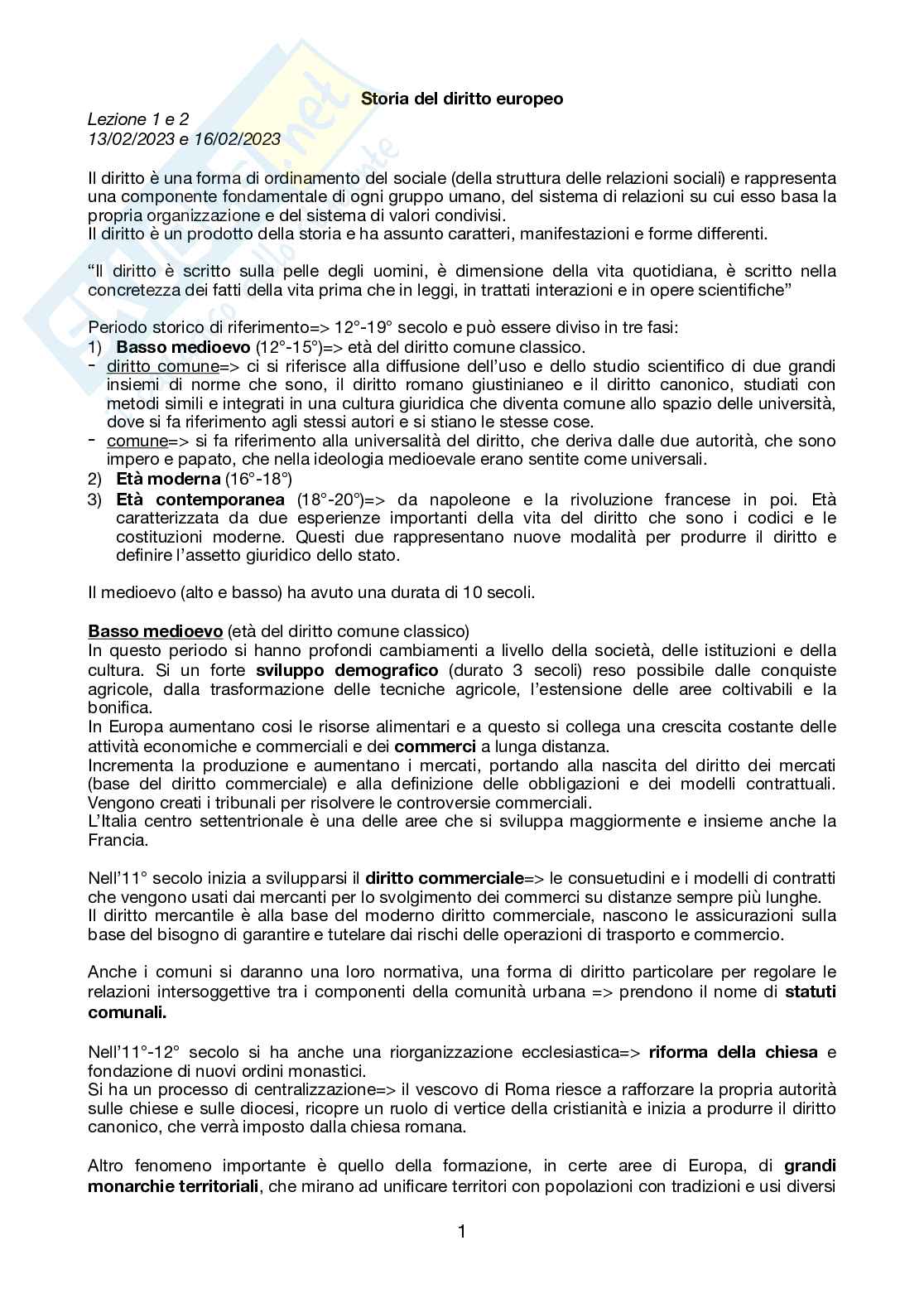 Storia del diritto europeo  Pag. 1