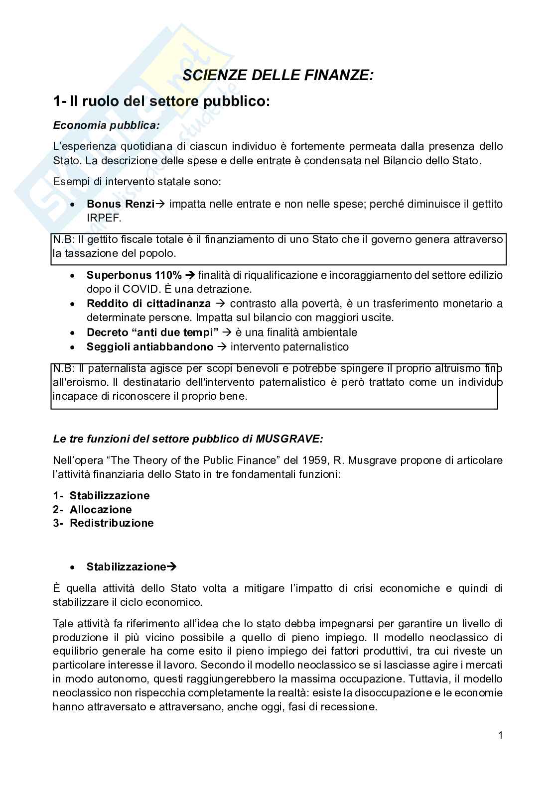 Appunti di Scienza delle finanze Pag. 1