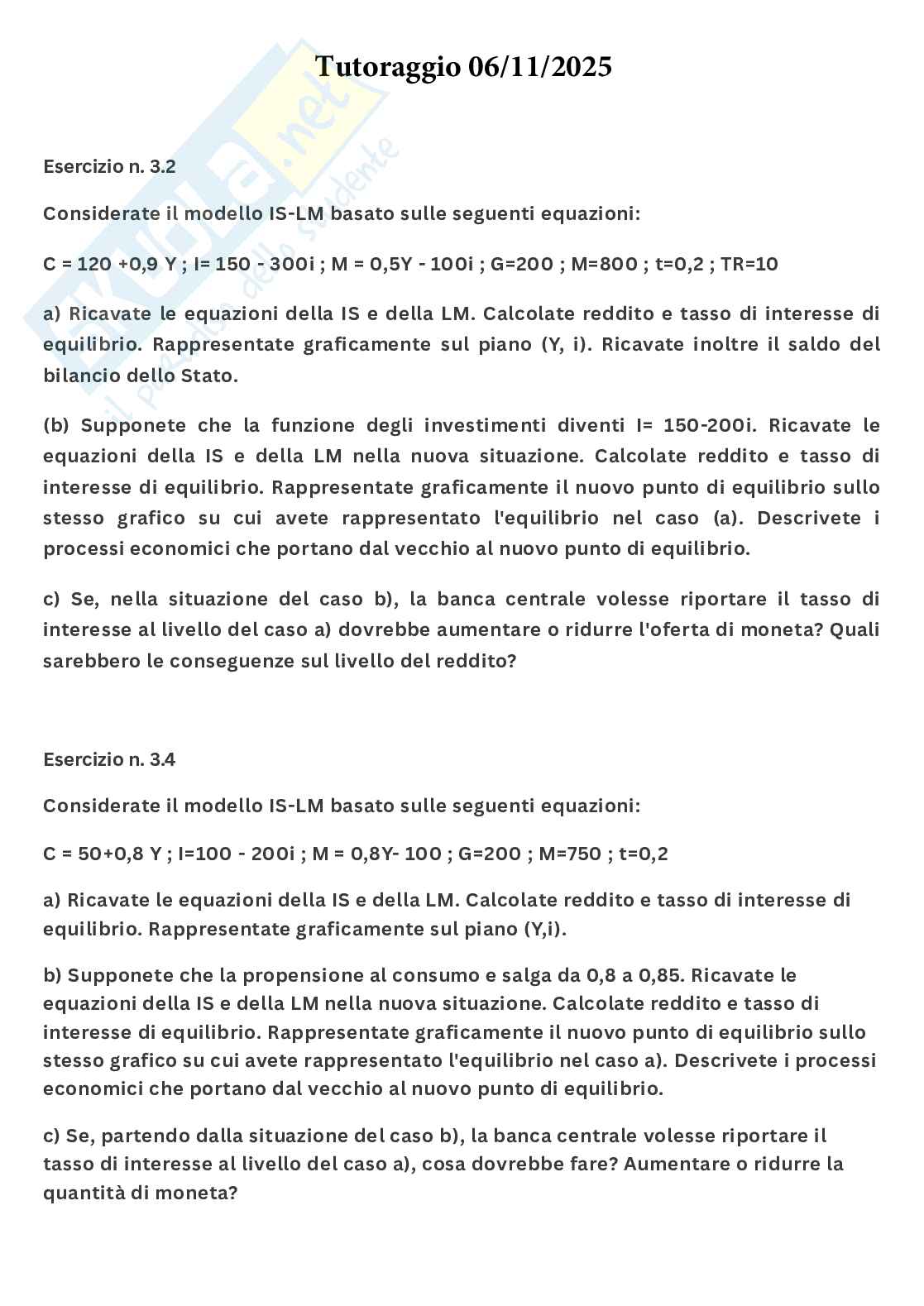 Esercitazione Macroeconomia Pag. 1
