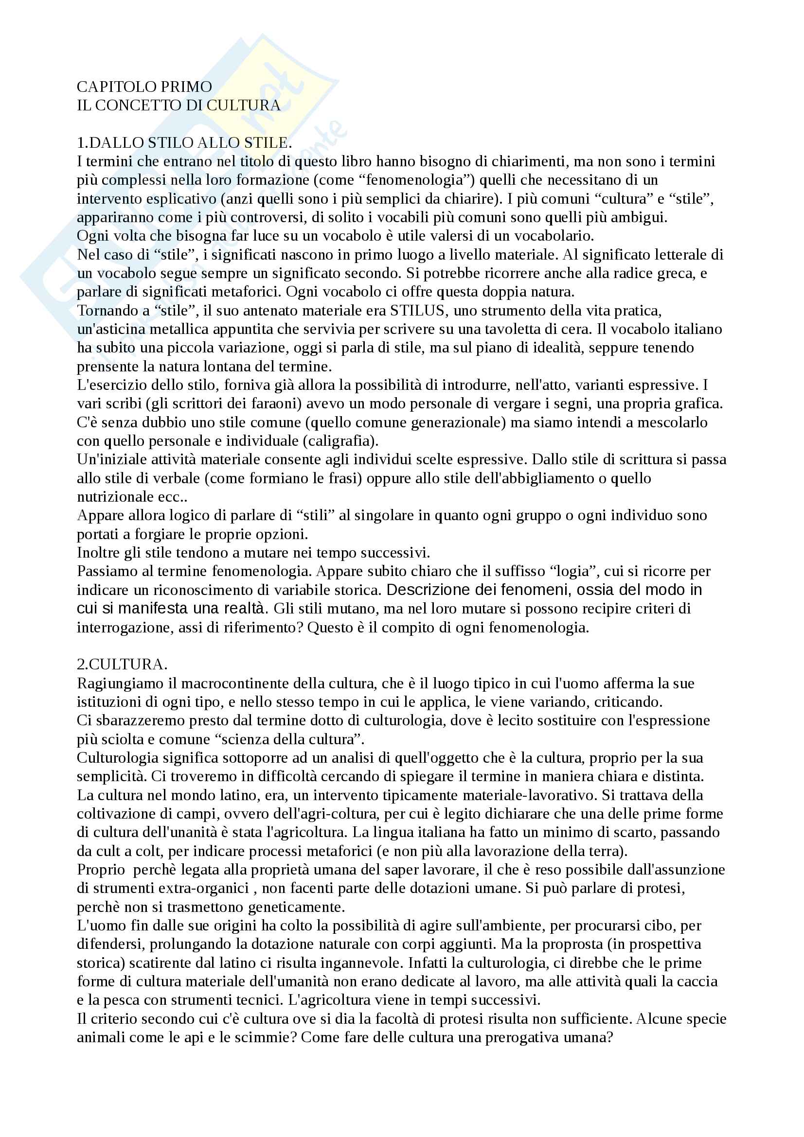 Riassunto esame di fenomenologia degli stili, Prof Tunisini, libro consigliato Barilli, Scienza della cultura e fenomenologia degli stili Pag. 1