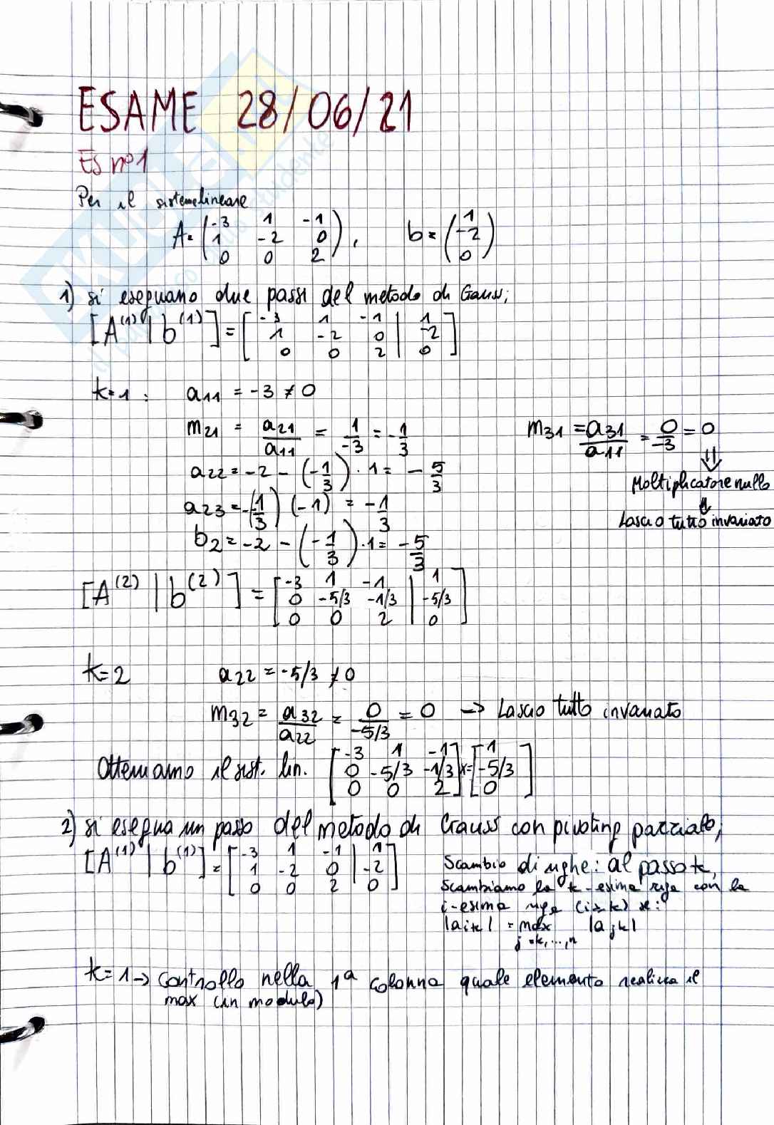 Esame Calcolo numerico 28 Giugno 2021 Pag. 1