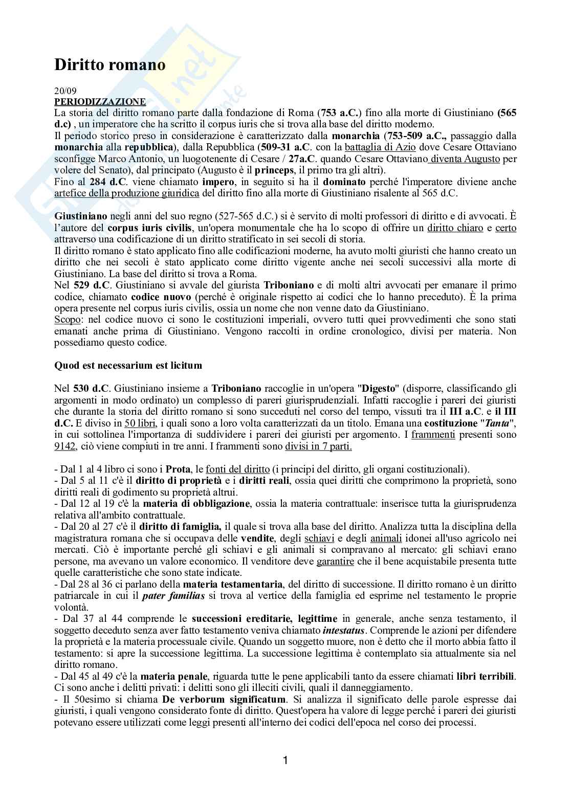 Diritto romano, primo semestre Pag. 1