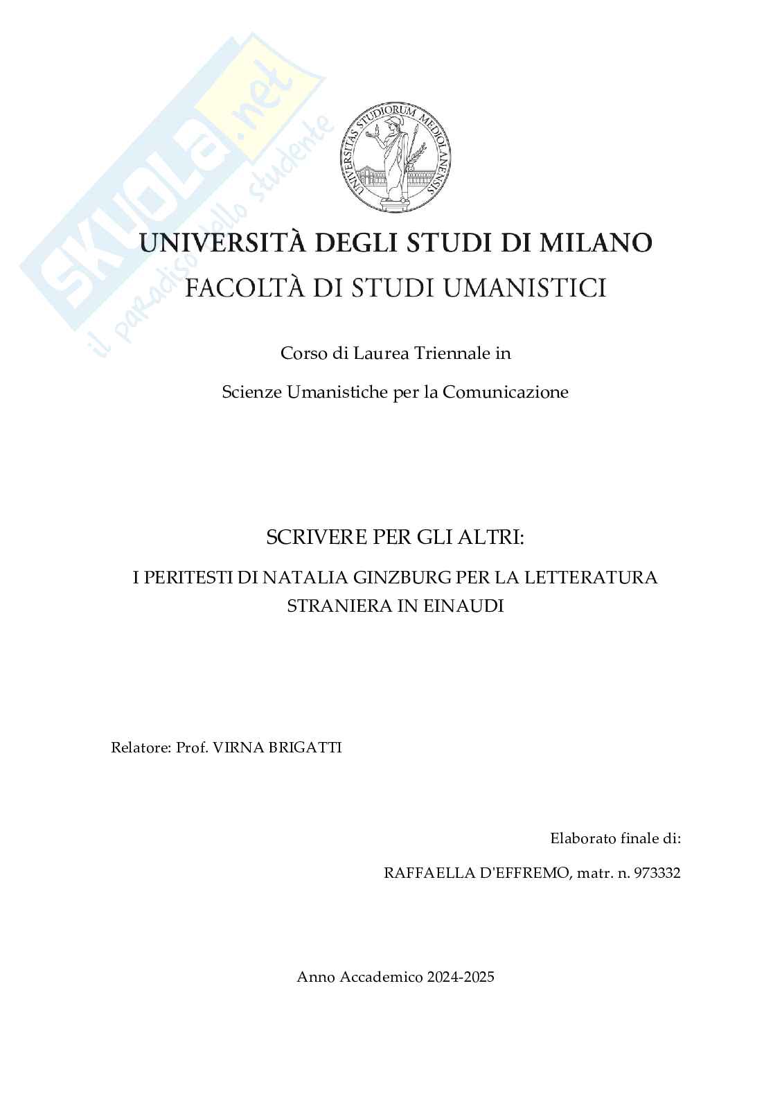 Scrivere per gli altri:  i peritesti di Natalia Ginzburg per la letteratura straniera in Einaudi Pag. 1