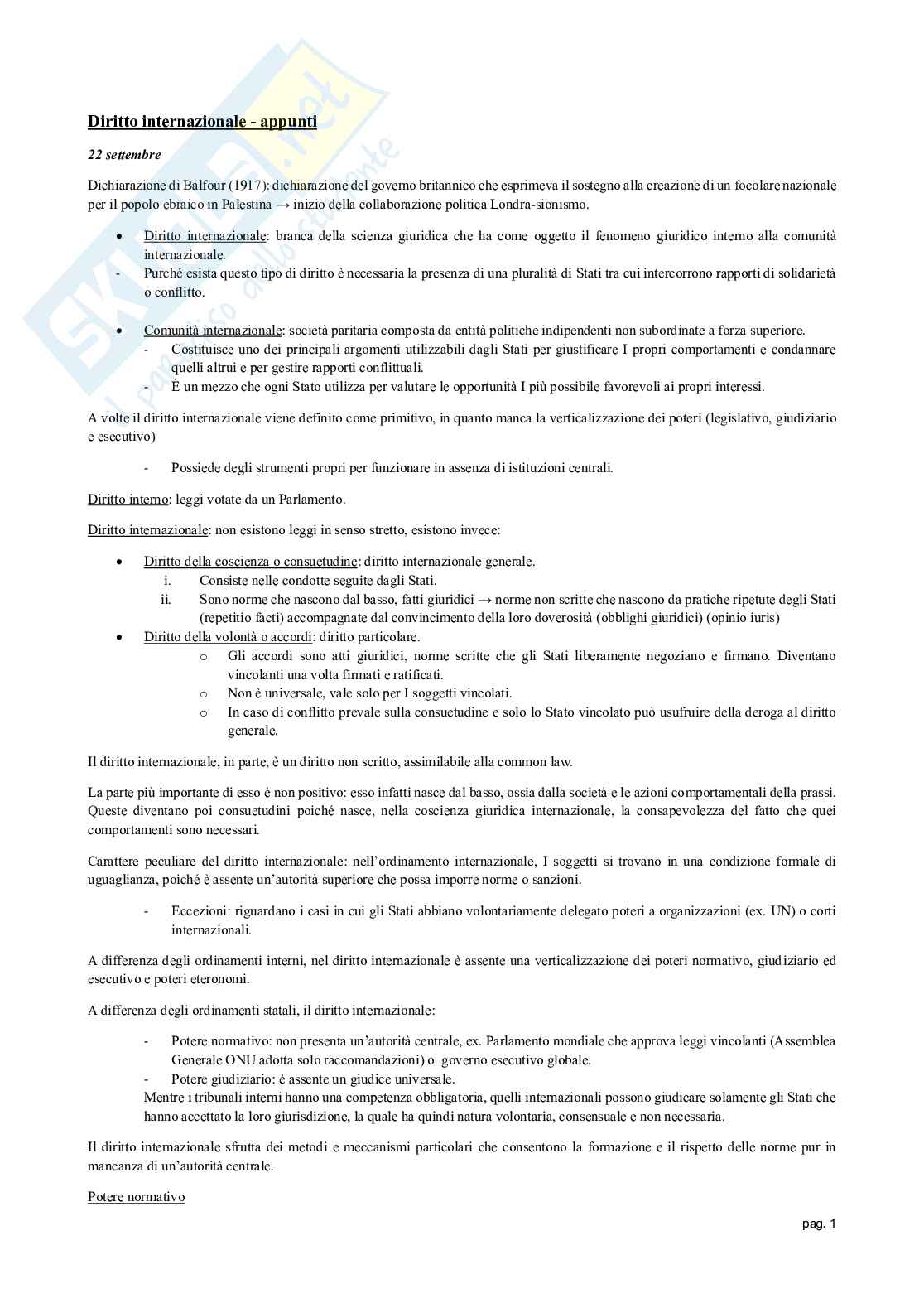 Appunti delle lezioni di Diritto internazionale   Pag. 1